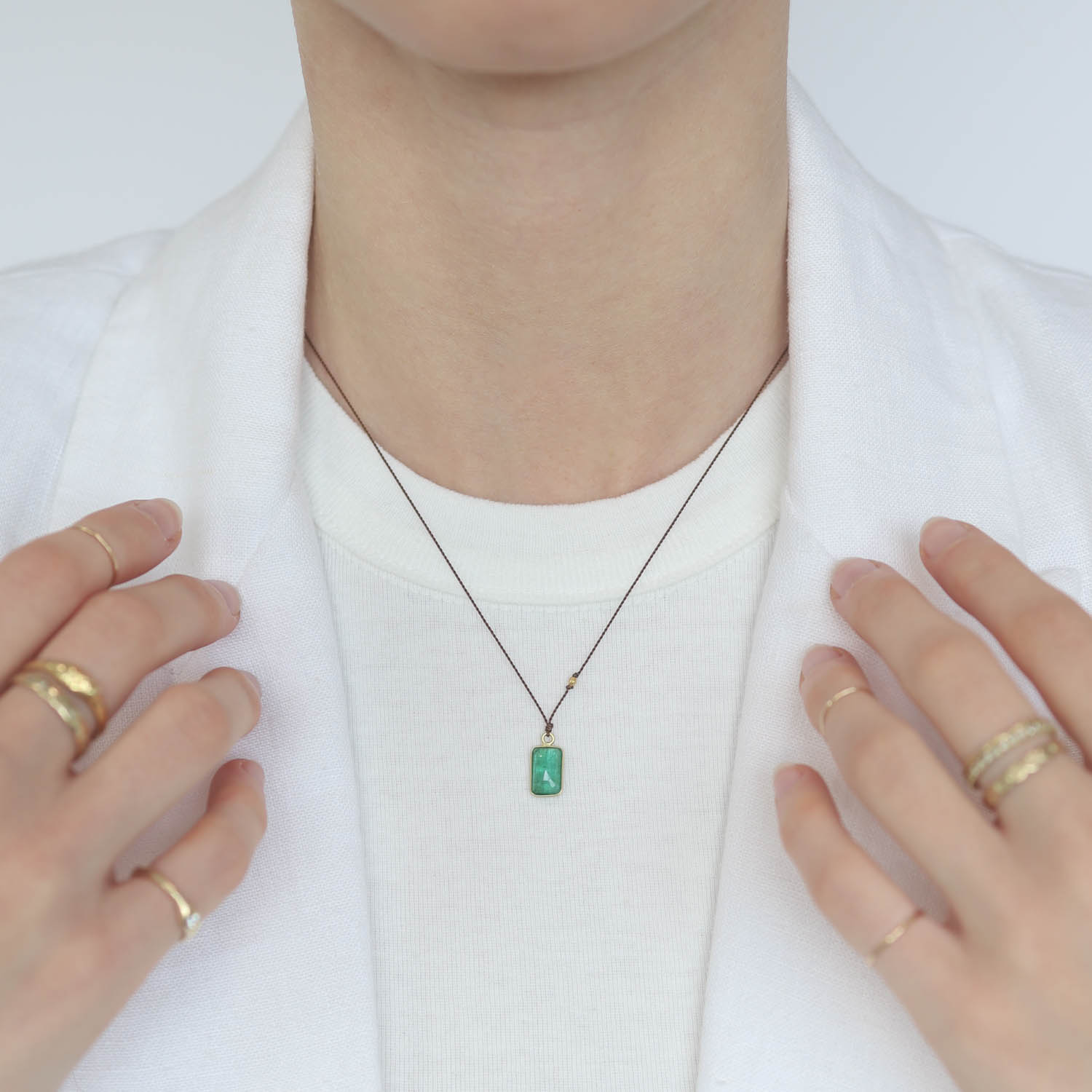Margaret Solow: Necklace, Emerald, 18K yellow gold, Nylon cord