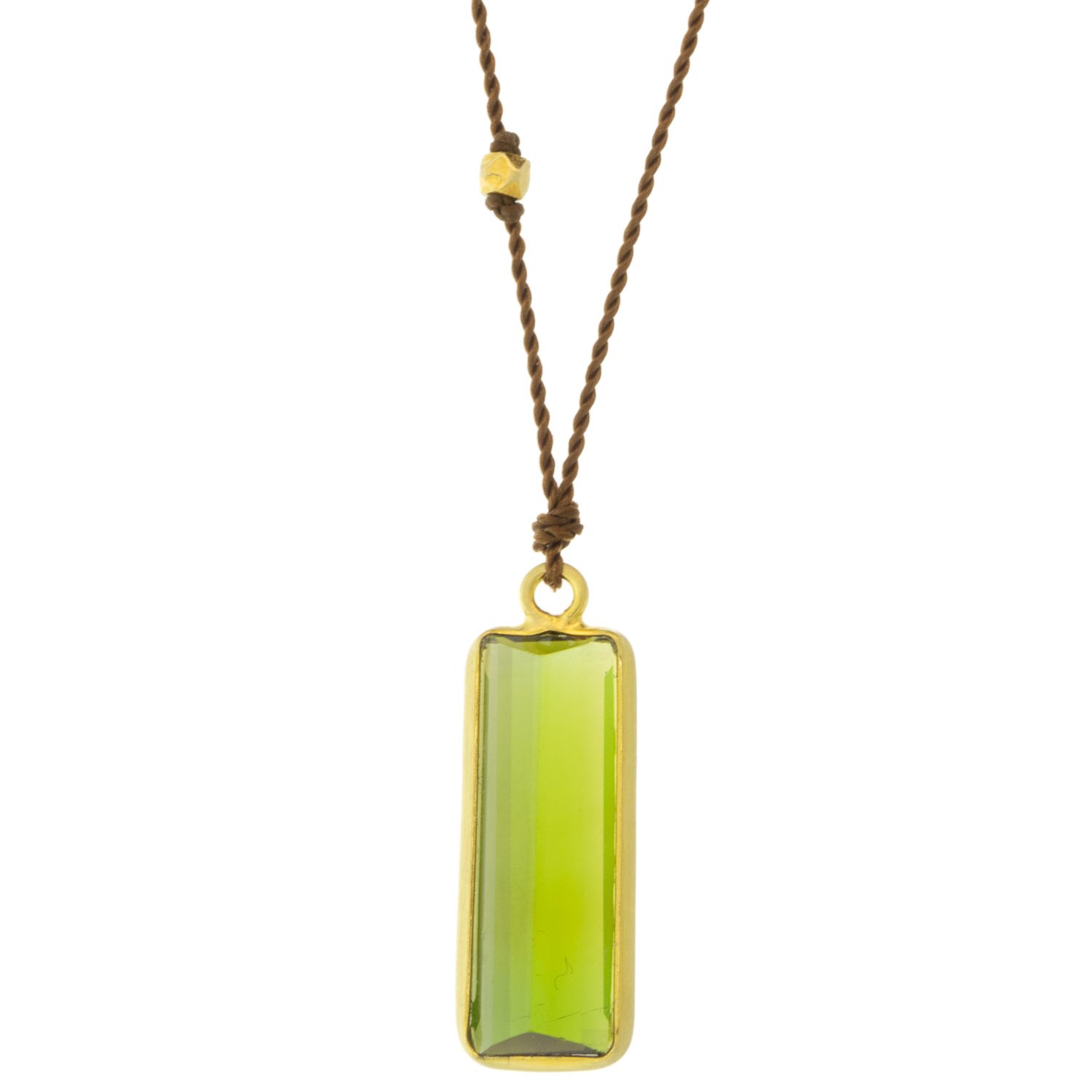 Margaret Solow: Necklace, Tourmaline baguette, 18K yellow gold, Nylon cord
