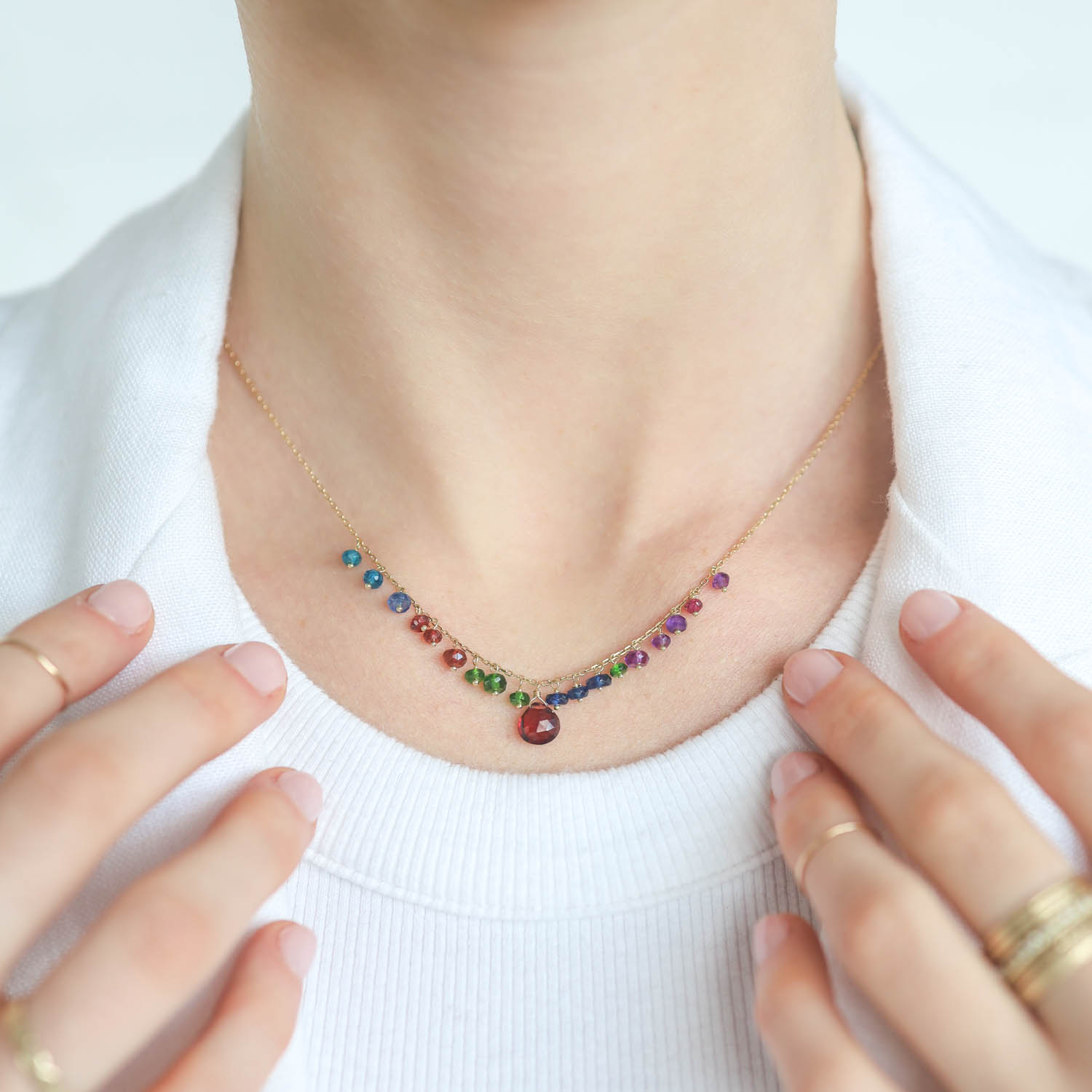 Sweet Pea: Crown Jewels Trace Link Chain Necklace with mixed beads , 18k, Measures 16 1/4" in Length