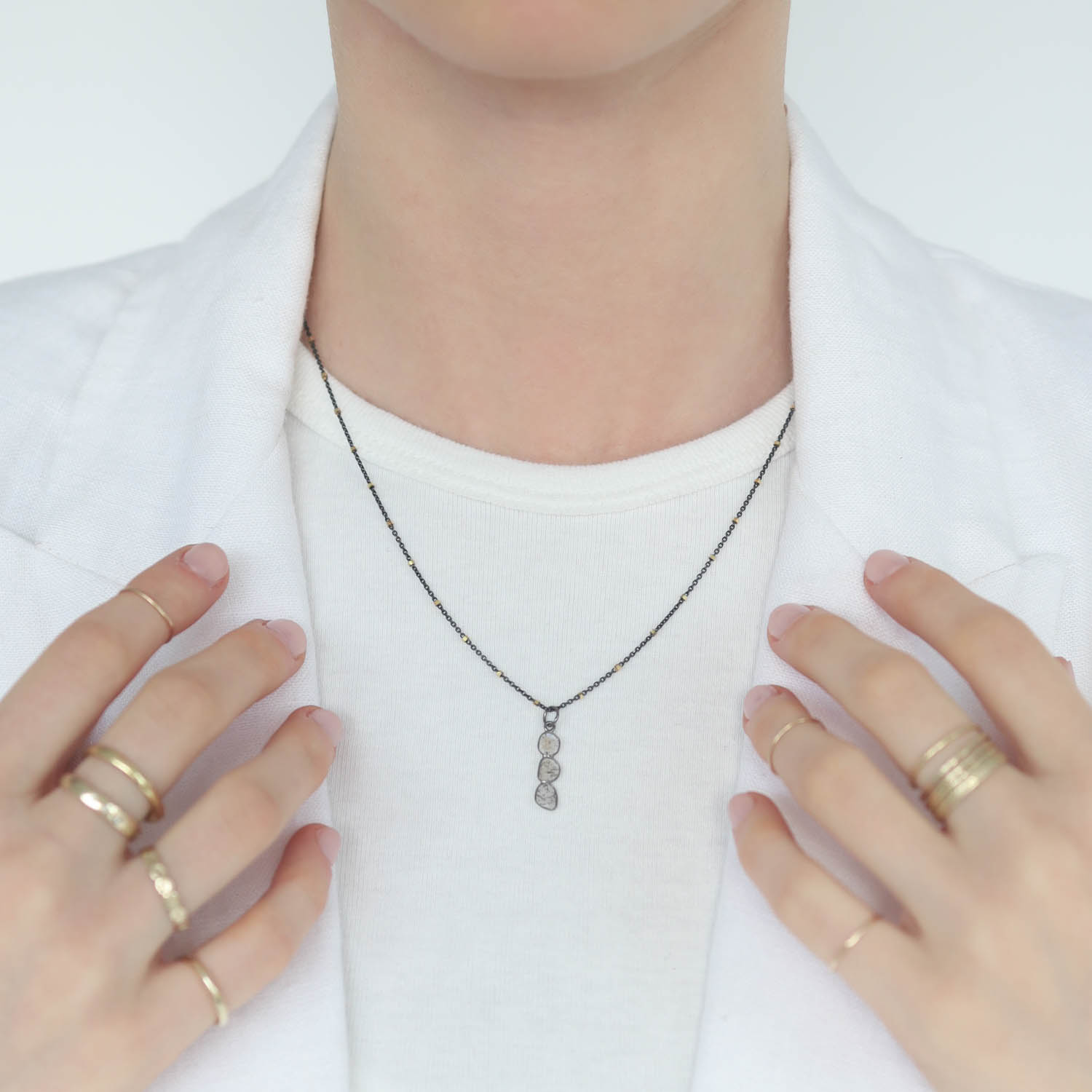 Robindira Unsworth: Necklace, Oxidized SS, 14K Gold Vermeil, 3 Diamond Slice Vertical Pendant 7/8" x 2/16" including bail, Oxidized Chain 18", Petite Gold Beads