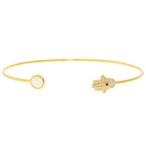 Tai: Gold CZ Hamsa Open Bracelet w/ Moon Colored Glass