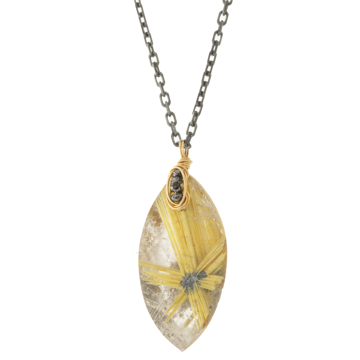 Dana Kellin Fine: Necklace, Black Diamonds, Rutilated Quartz, SS, 14k yg, Chain 17", Pendant 15/16" x 3/8"