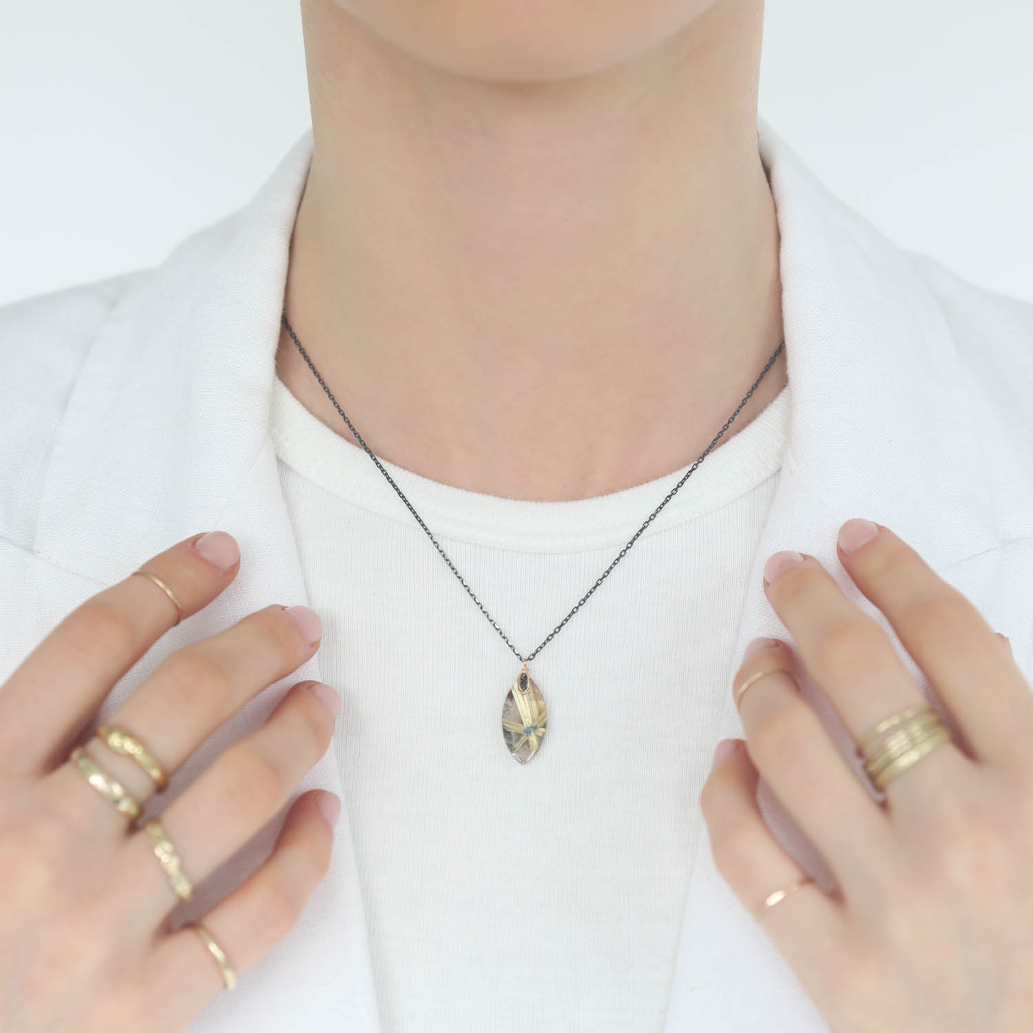 Dana Kellin Fine: Necklace, Black Diamonds, Rutilated Quartz, SS, 14k yg, Chain 17", Pendant 15/16" x 3/8"