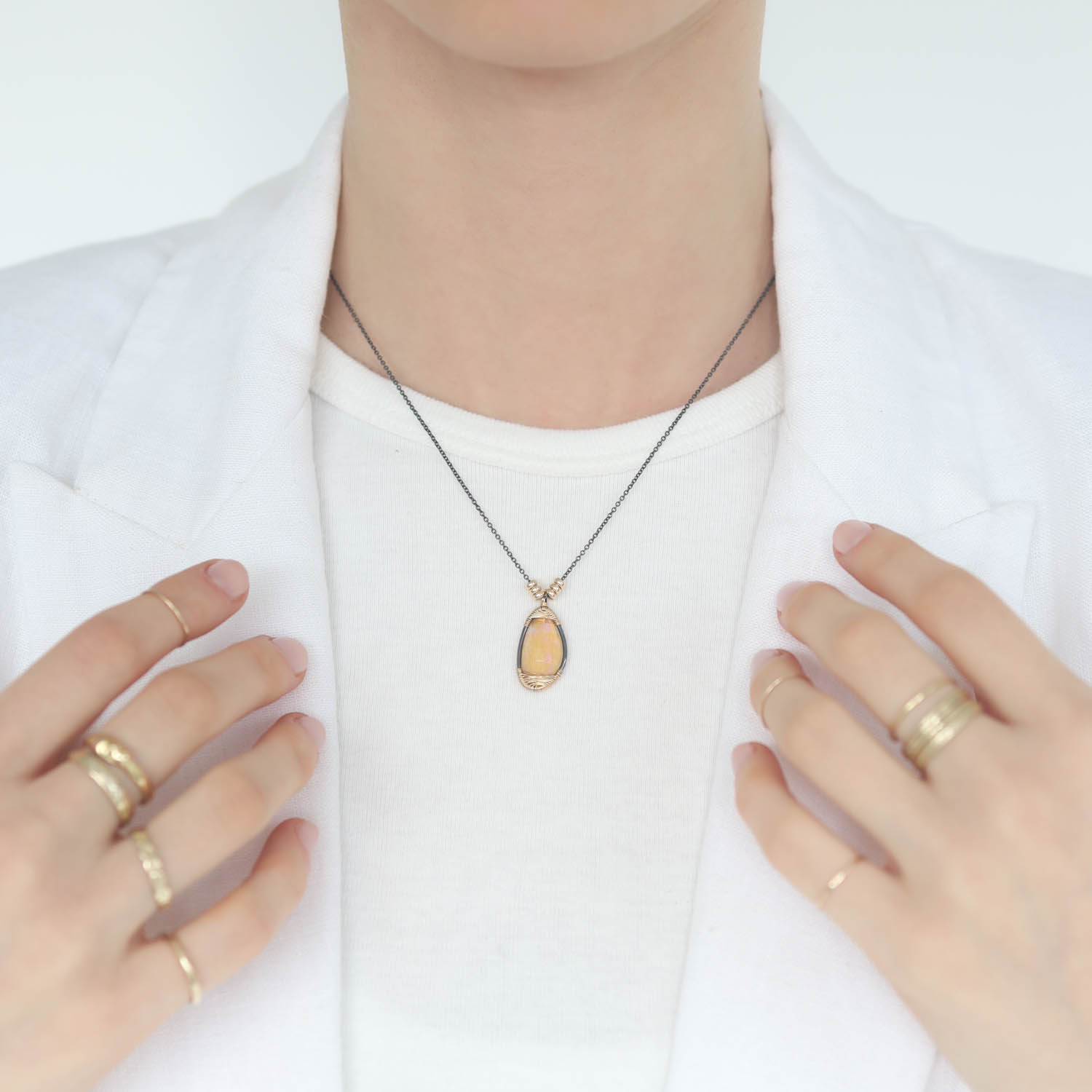 Dana Kellin Fine: Necklace, Ethiopian Opal, SS, 14k yg, Measures 17 in Length, Pendant 7/8" x 7/16" including bail