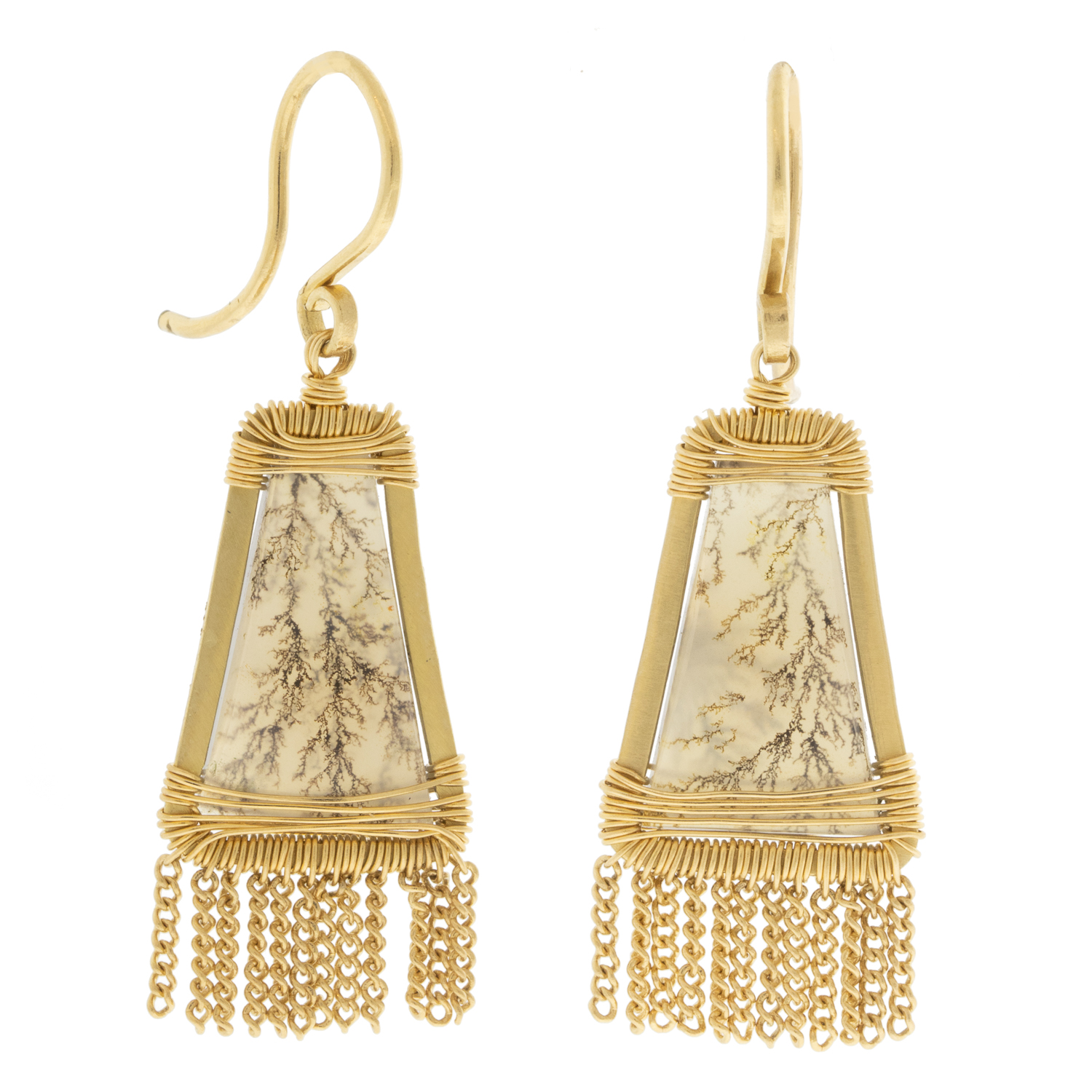Dana Kellin Fine: Earrings, Dendritic Agate, 14k yg, 1 1/4" x 7/16"