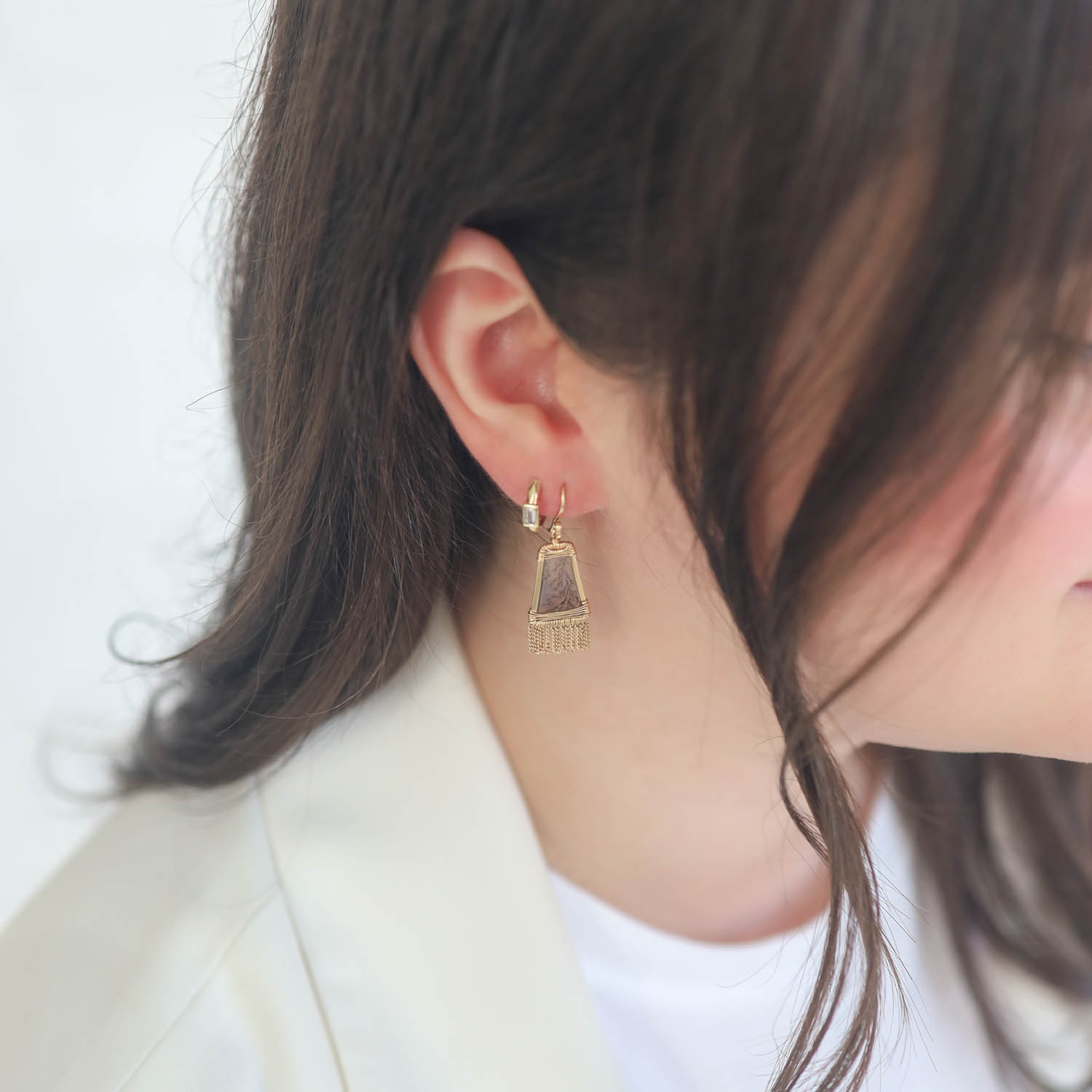 Dana Kellin Fine: Earrings, Dendritic Agate, 14k yg, 1 1/4" x 7/16"