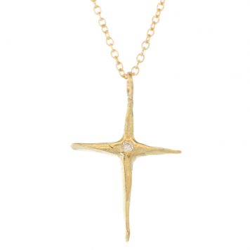 Robin Haley: Necklace, Diamond small handcarved cross, 16", .03 tcw, 14K yg