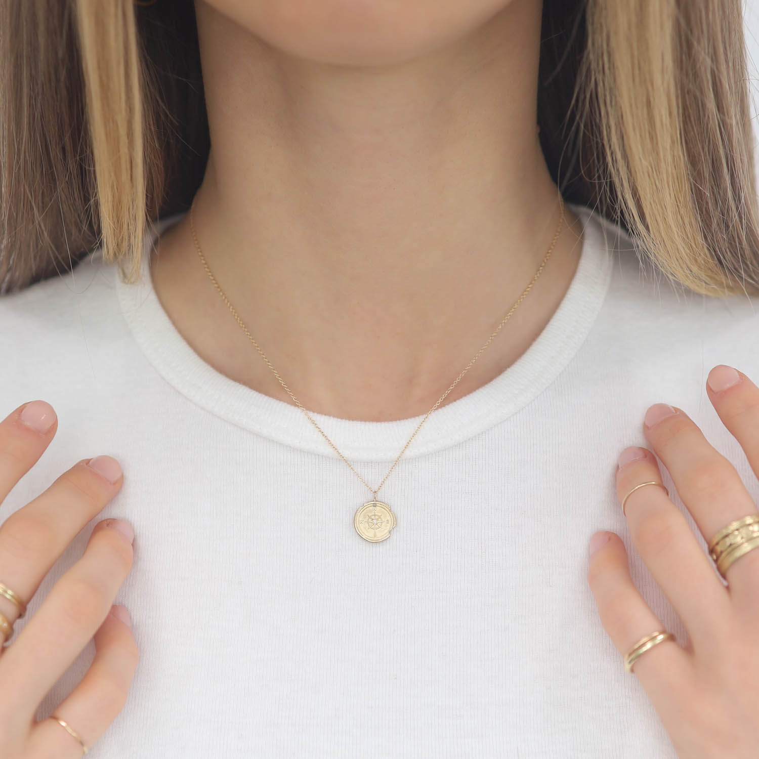 Robin Haley: Compass Artifact Necklace, 14K yg, 16", diamond tcw .01