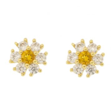 Tai: Earring, Clear CZ flower post earring with Yellow CZ center