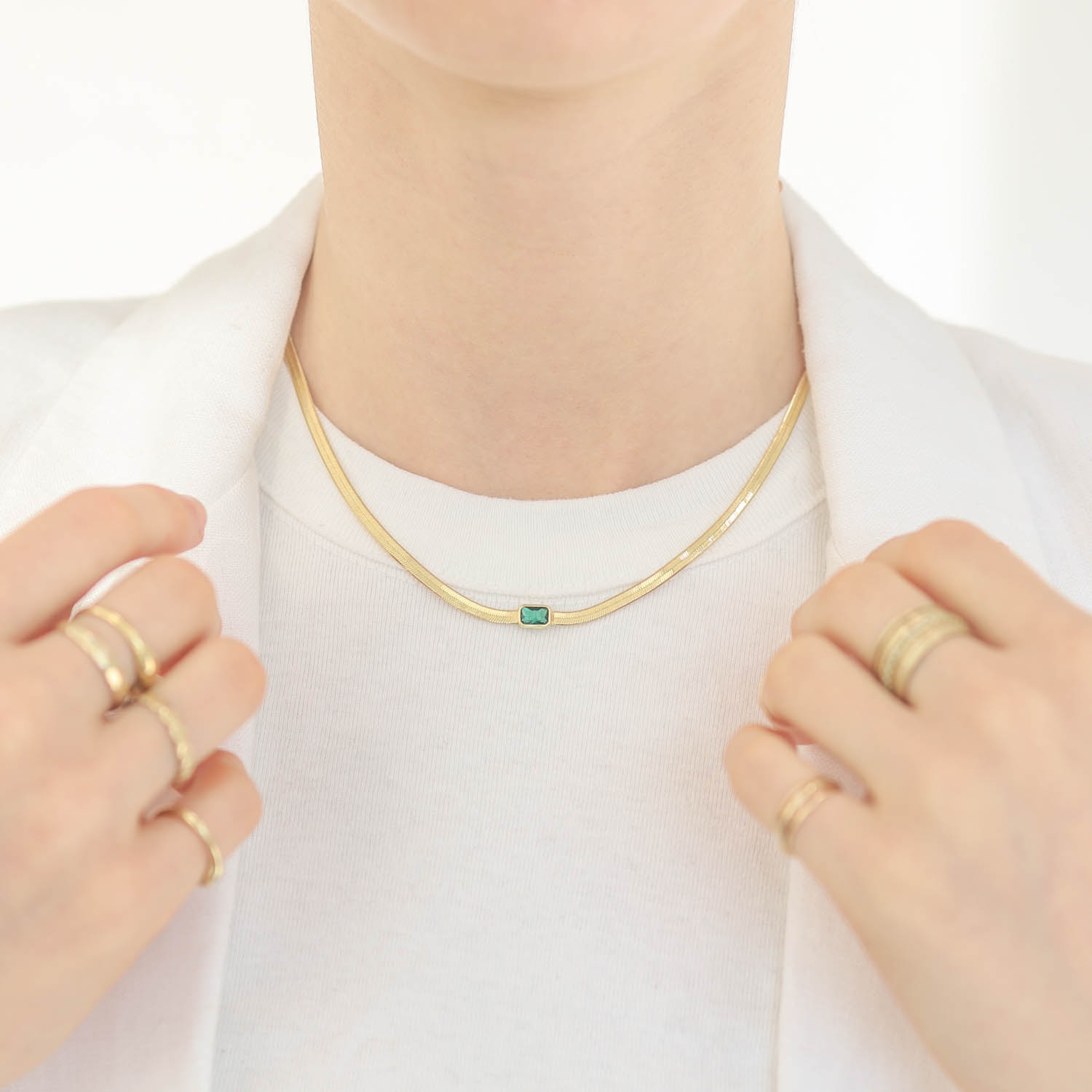 Tai: Necklace, Herringbone Chain with Emerald Glass