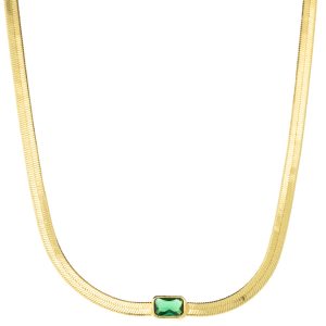 Tai: Necklace, Herringbone Chain with Emerald Glass