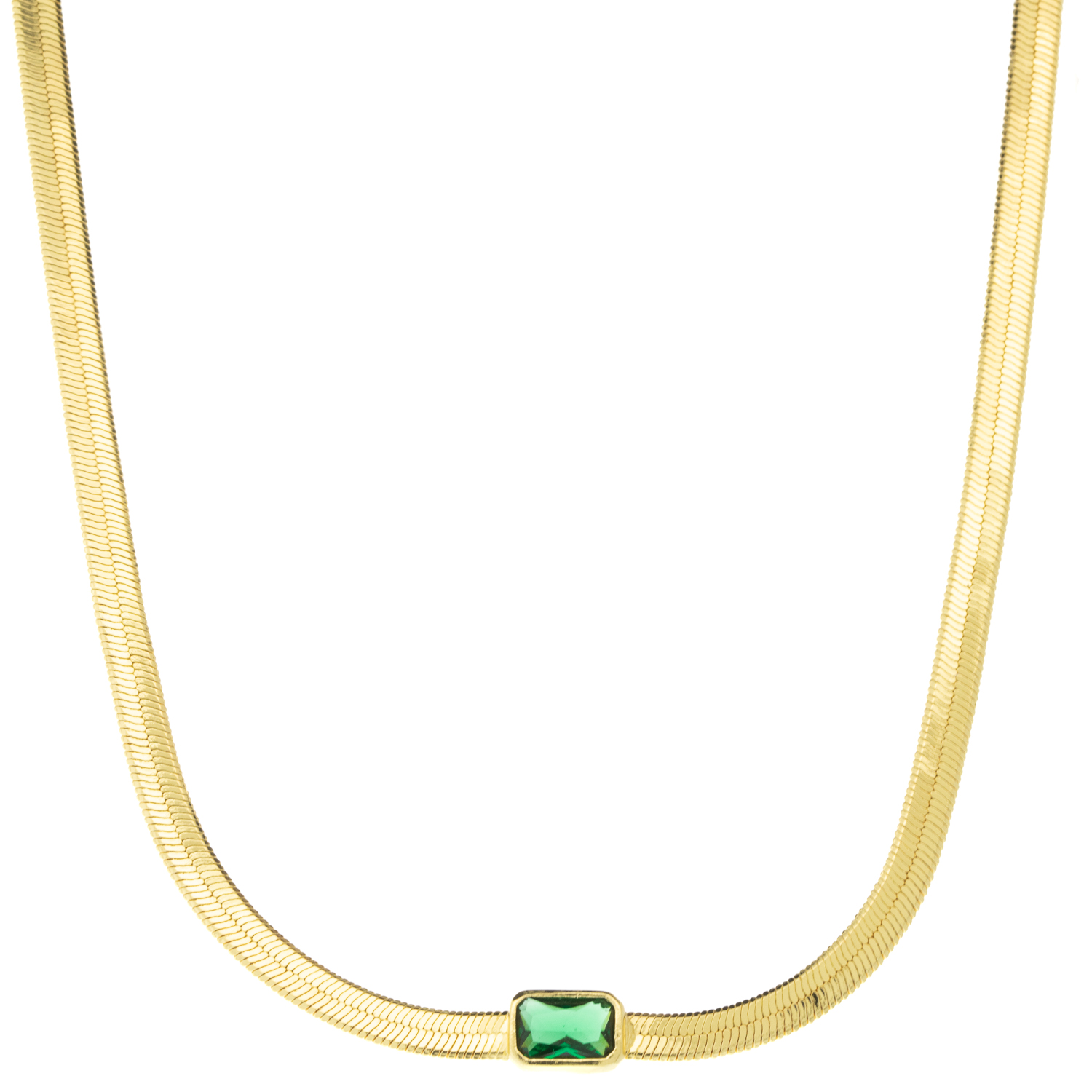 Tai: Necklace, Herringbone Chain with Emerald Glass