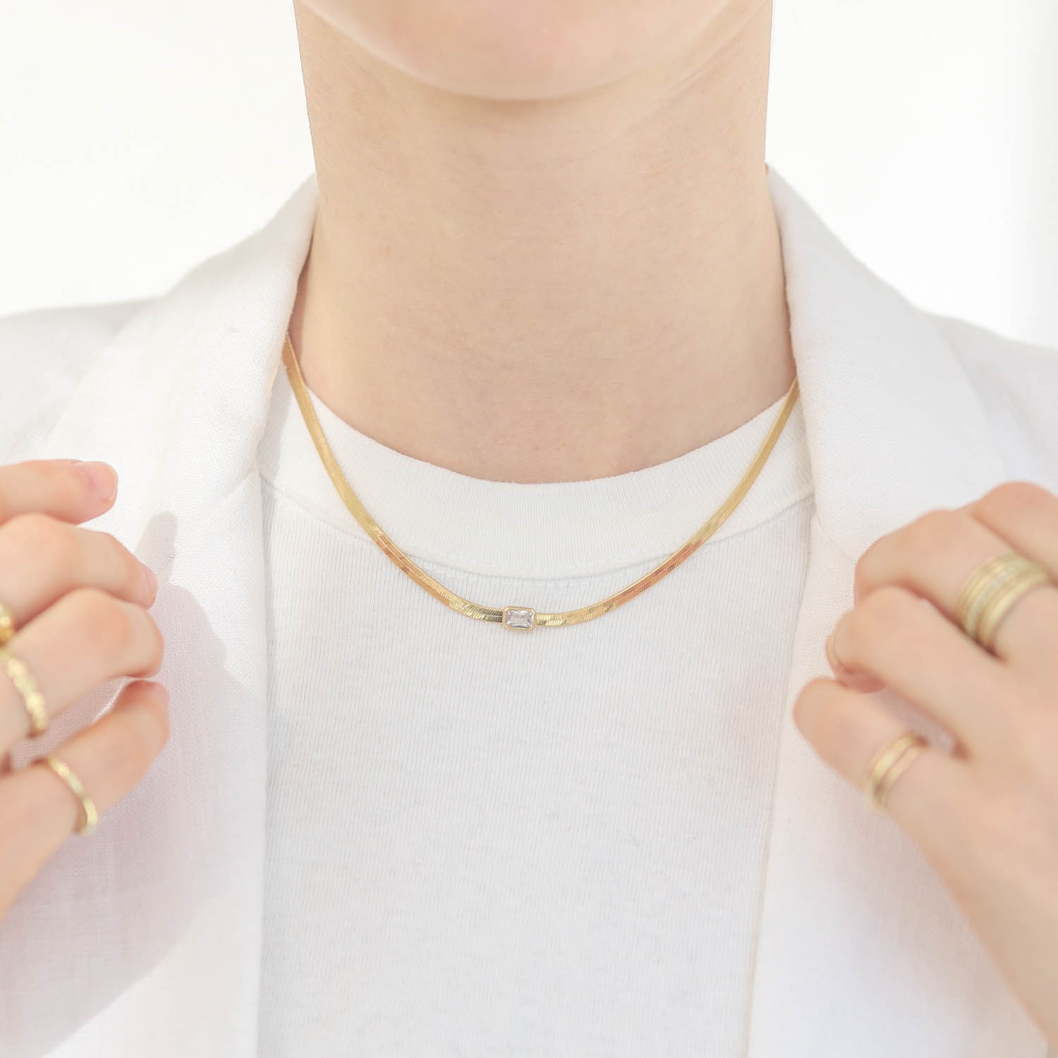 Tai: Necklace, Herringbone Chain with Clear Glass