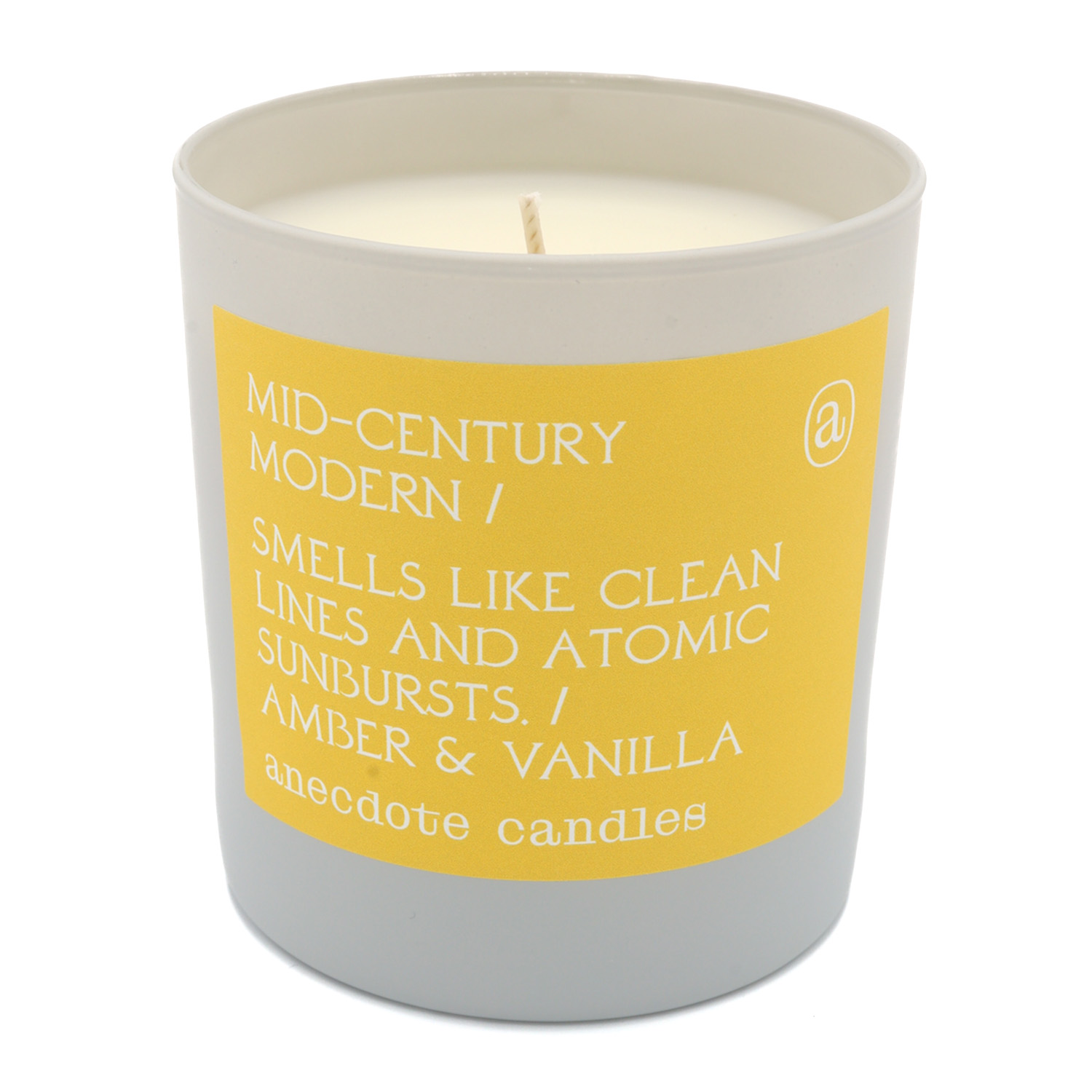 Anecdote Candle: 9 oz, MCM, Amber & Vanilla measures 3 1/4" in diameter, measures 3 1/2" in height