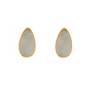 Jane Diaz: Shiny Tear Drop Studs, Gold Plate, Rainbow Moonstone