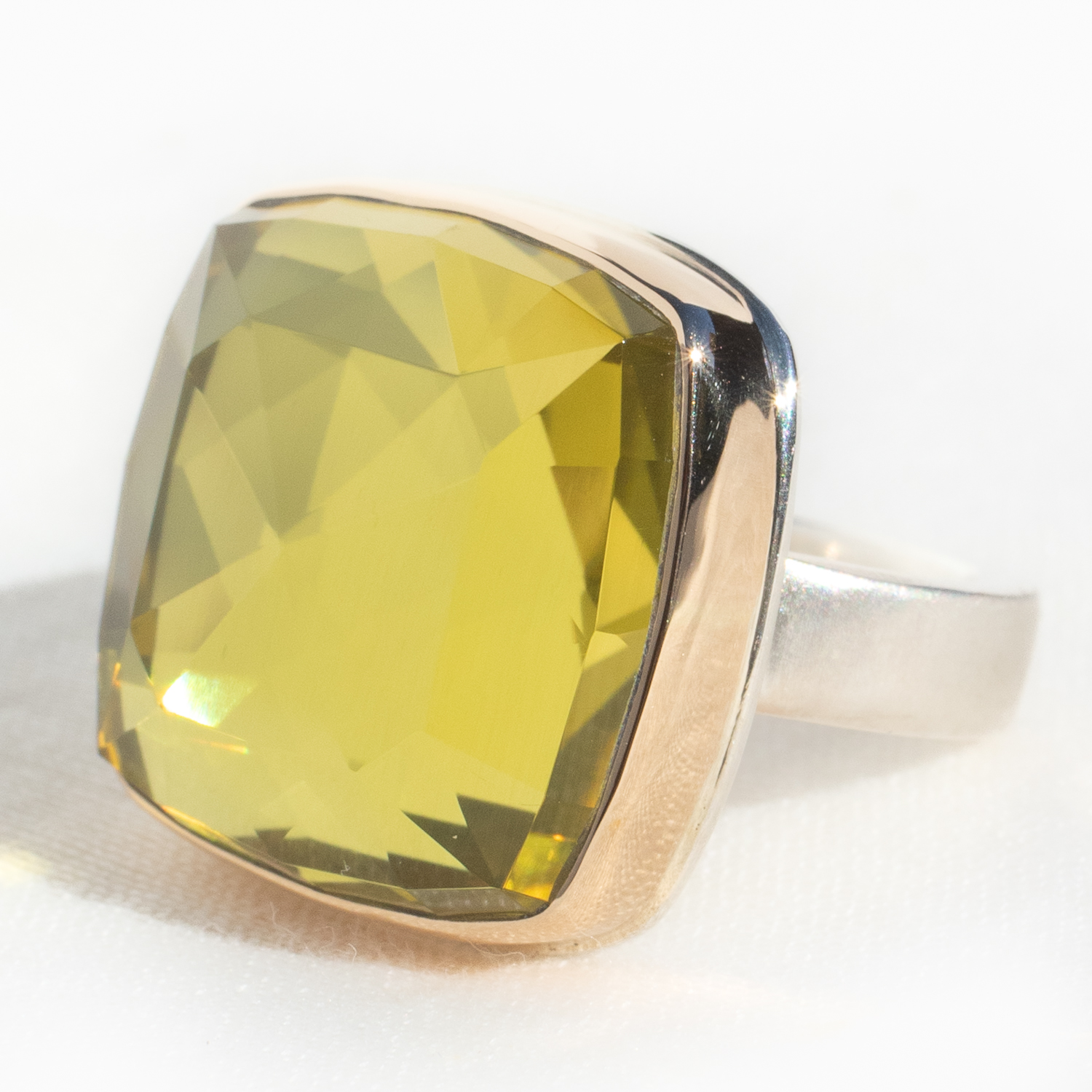 Jamie Joseph: SS & 14K Gold Ring w/ Square Rose Cut LEMON QUARTZ on Y Band