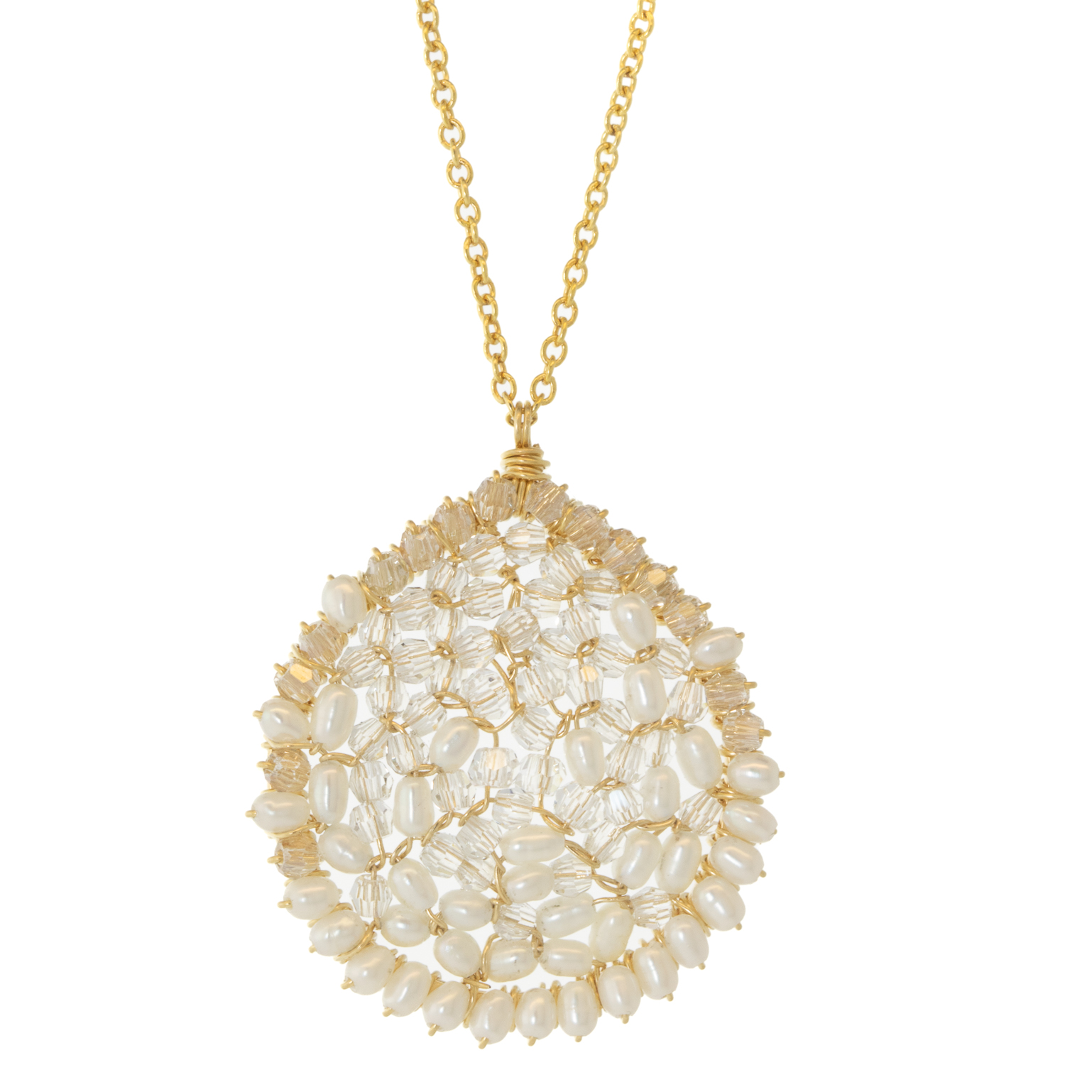 Dana Kellin: Necklace,14K Gold filled, Clear crystal pendant,PEARL RIM, chain 18", Pendant 1" x 13/16"