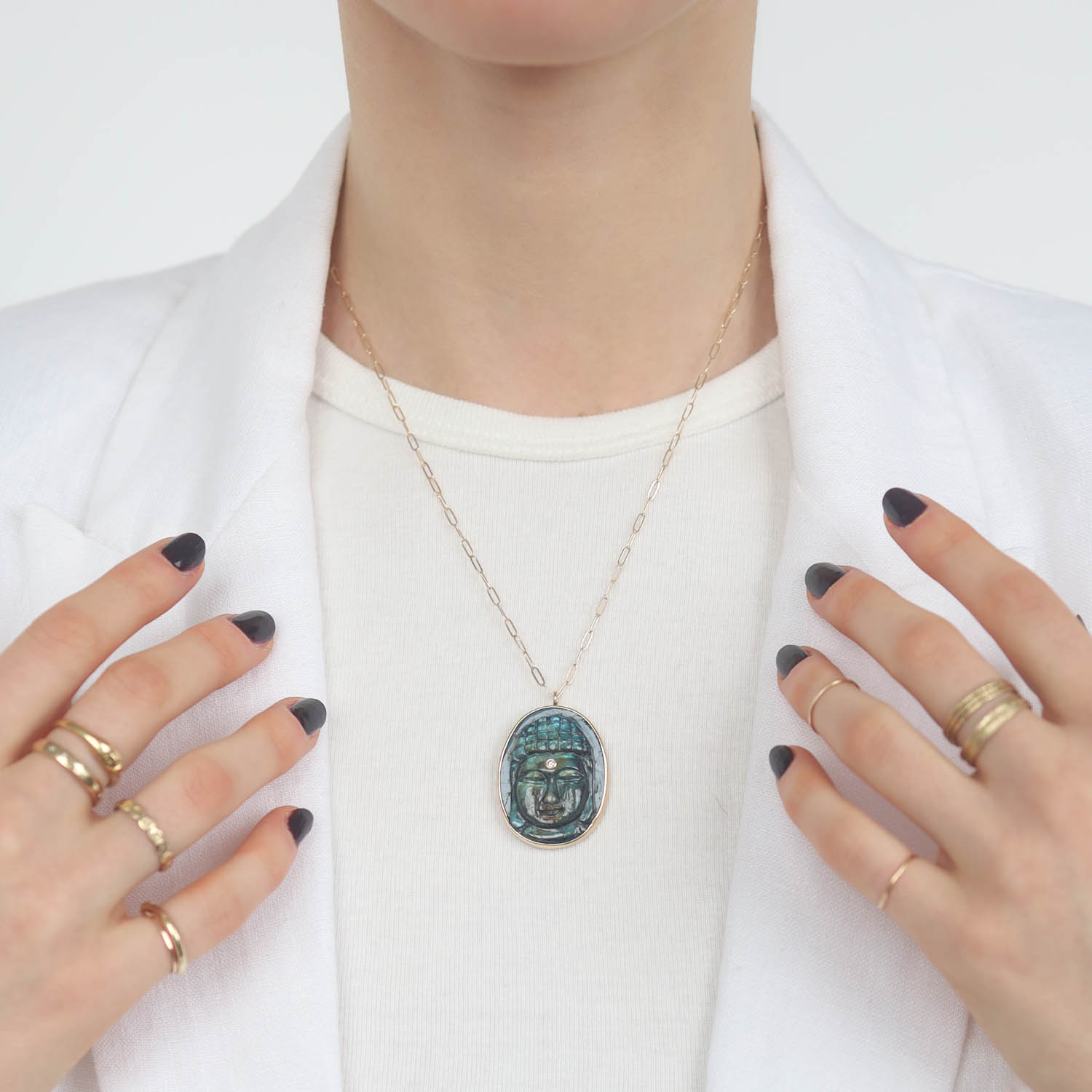 Jamie Joseph: Sterling & 14K Gold Chain Necklace w/ Oval Hand Carved LABRADORITE Buddha & .03 ct Diamond in Sterling Backed Gold Bezel (18")