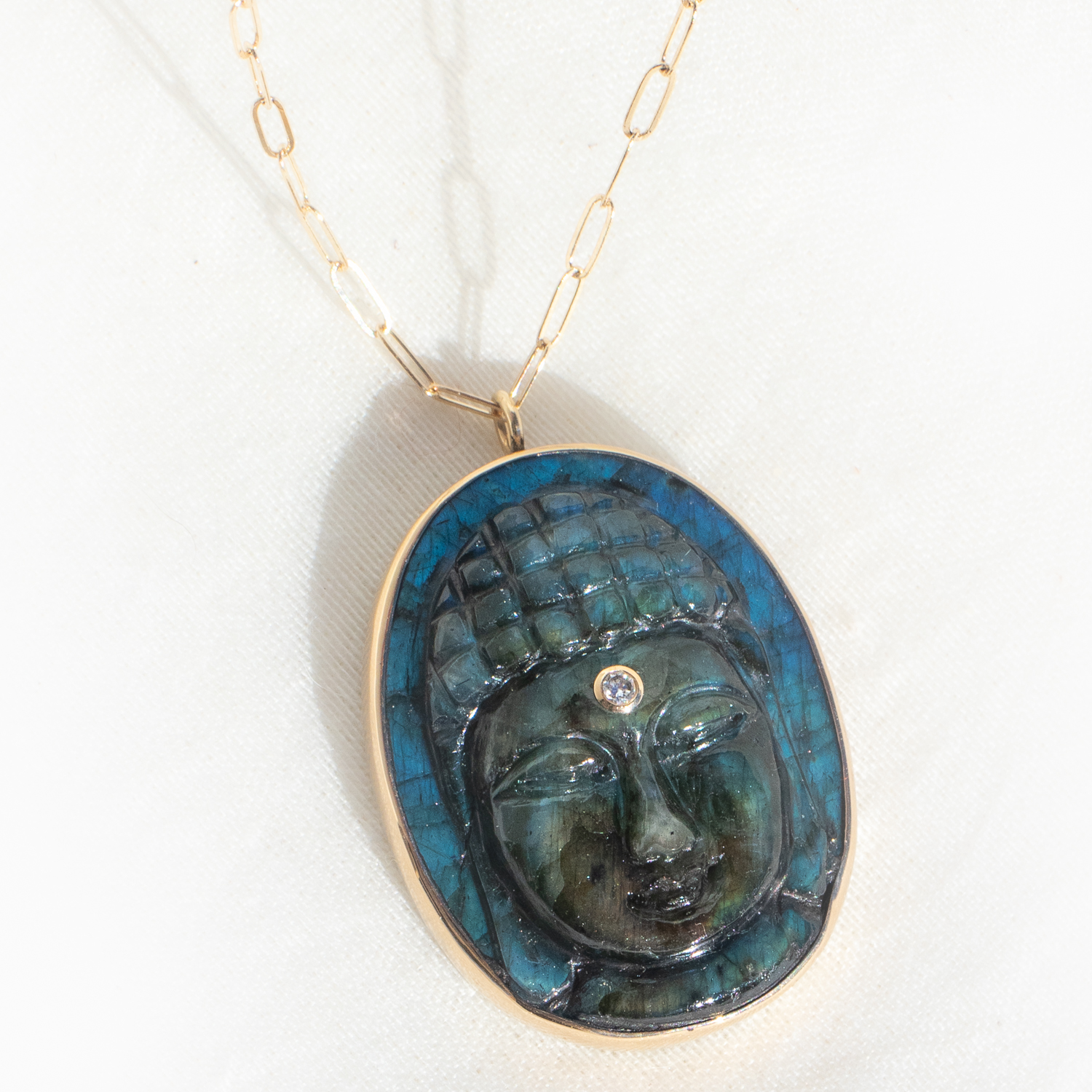 Jamie Joseph: Sterling & 14K Gold Chain Necklace w/ Oval Hand Carved LABRADORITE Buddha & .03 ct Diamond in Sterling Backed Gold Bezel (18")