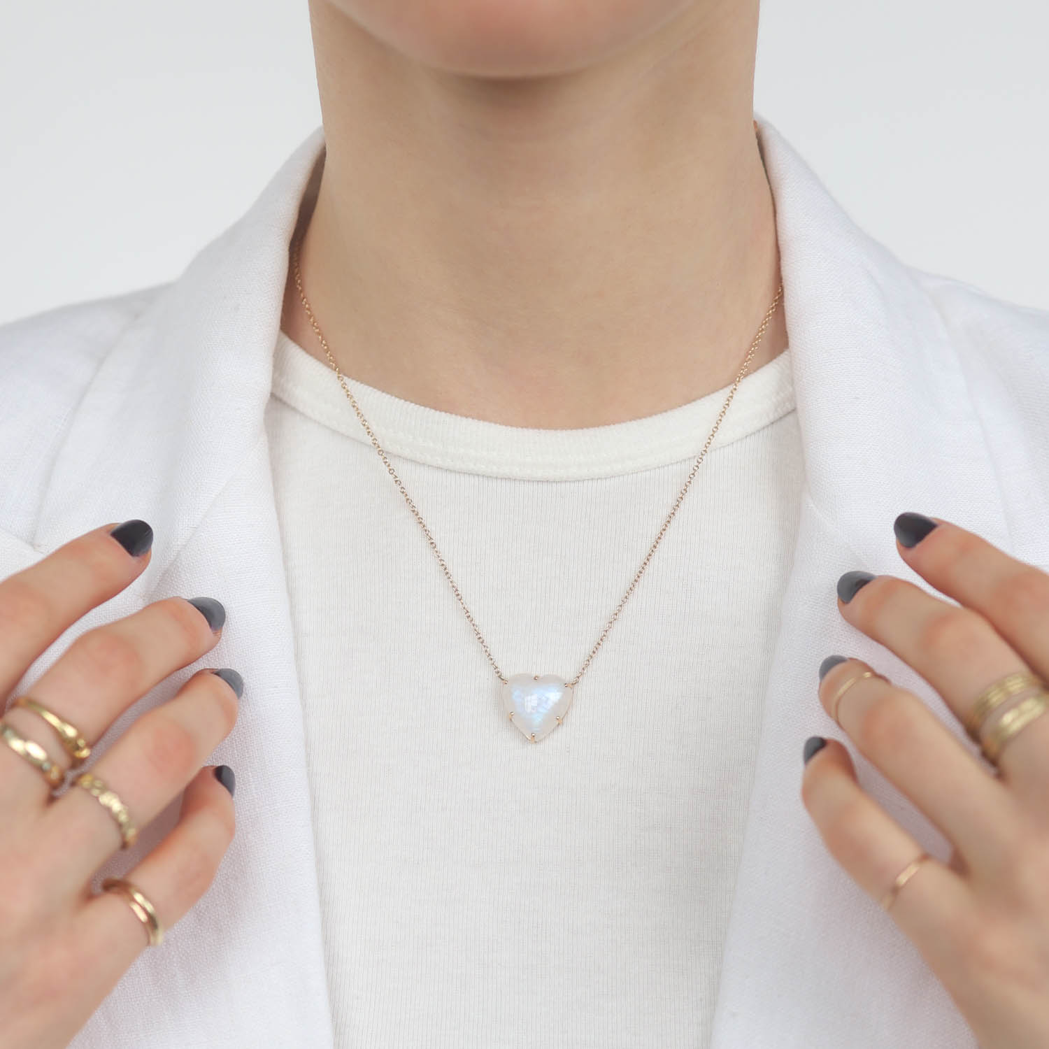 Jamie Joseph: 14K Gold Necklace w/ Smooth WHITE RAINBOW MOONSTONE Heart in Multi Prongs (17.5")