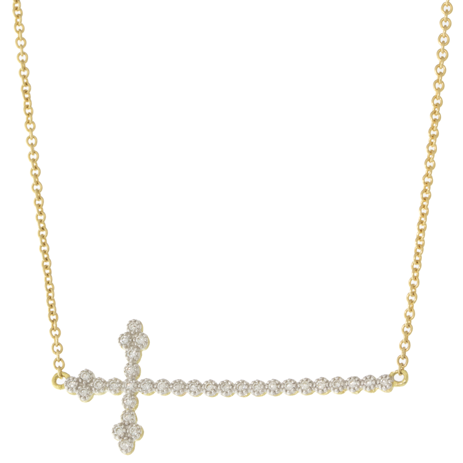 Jude Frances: Provence Champagne Delicate Cross Bar Bezel Necklace, (Large sideways cross)18k yg, gsi diamonds, 16", Cross 1 1/4" x 1/2"
