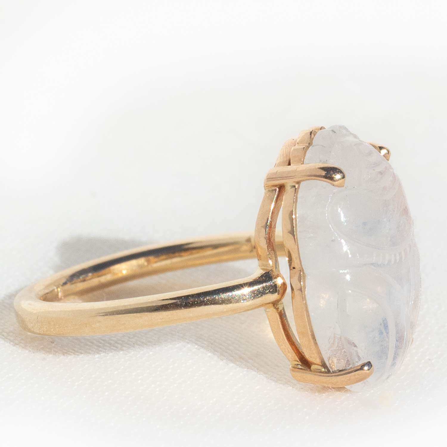 Jamie Joseph: Ring, 14K Gold, Double Prong Ring, Hand Carved White Rainbow Moonstone Scarab, Sand Band