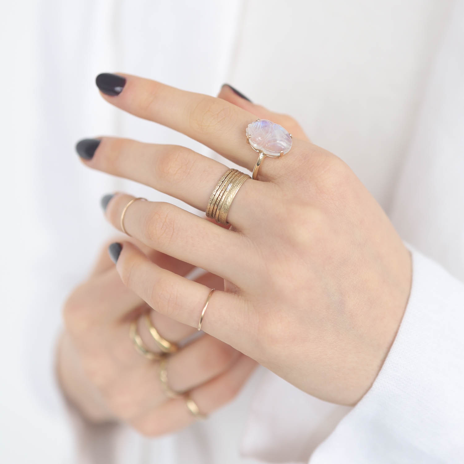 Jamie Joseph: Ring, 14K Gold, Double Prong Ring, Hand Carved White Rainbow Moonstone Scarab, Sand Band