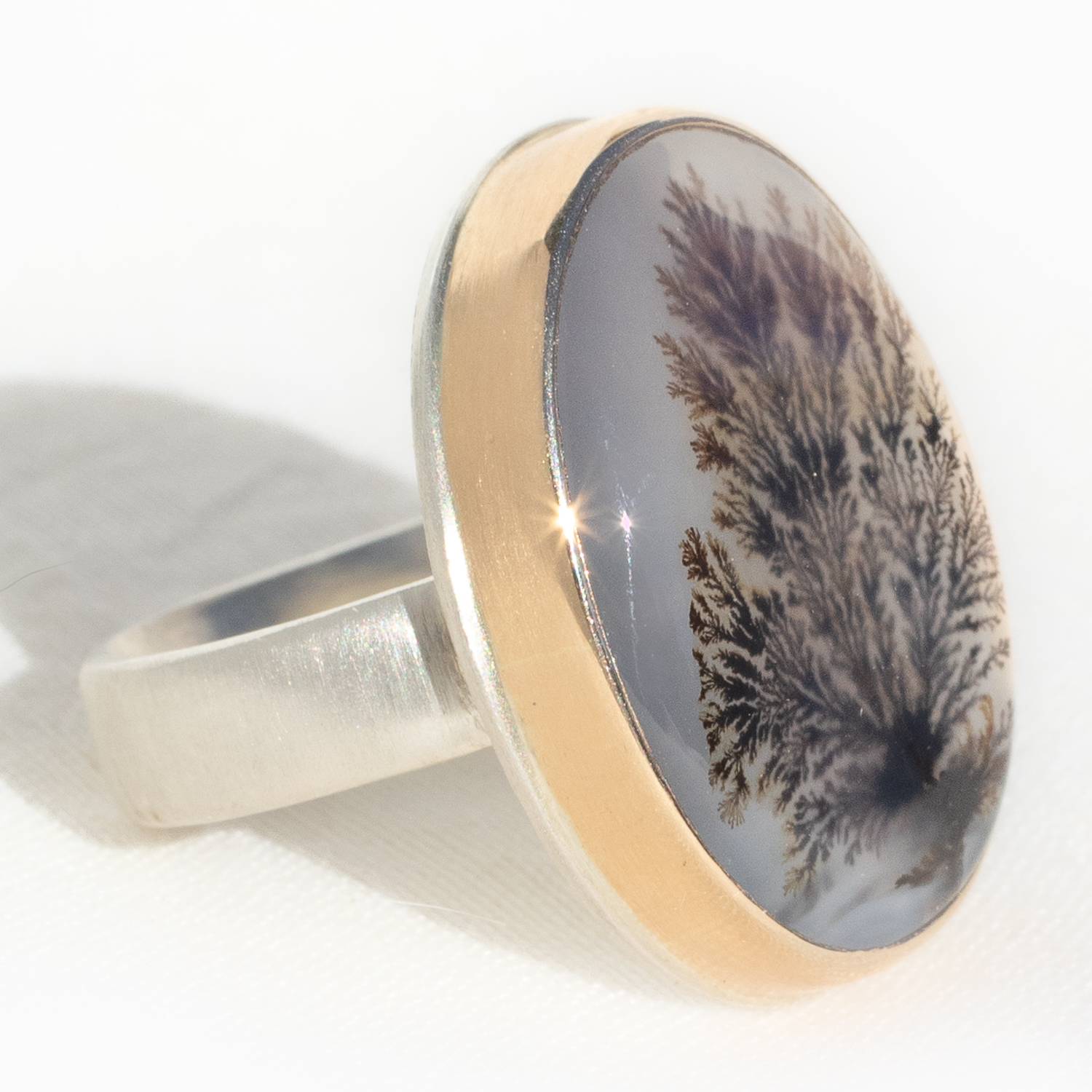 Jamie Joseph: Sterling & 14K Gold Ring w/ Vertical Oval DENDRITIC AGATE on Comfort Band, Stone Measures 15/16" x 11/16", Size 7 1/4