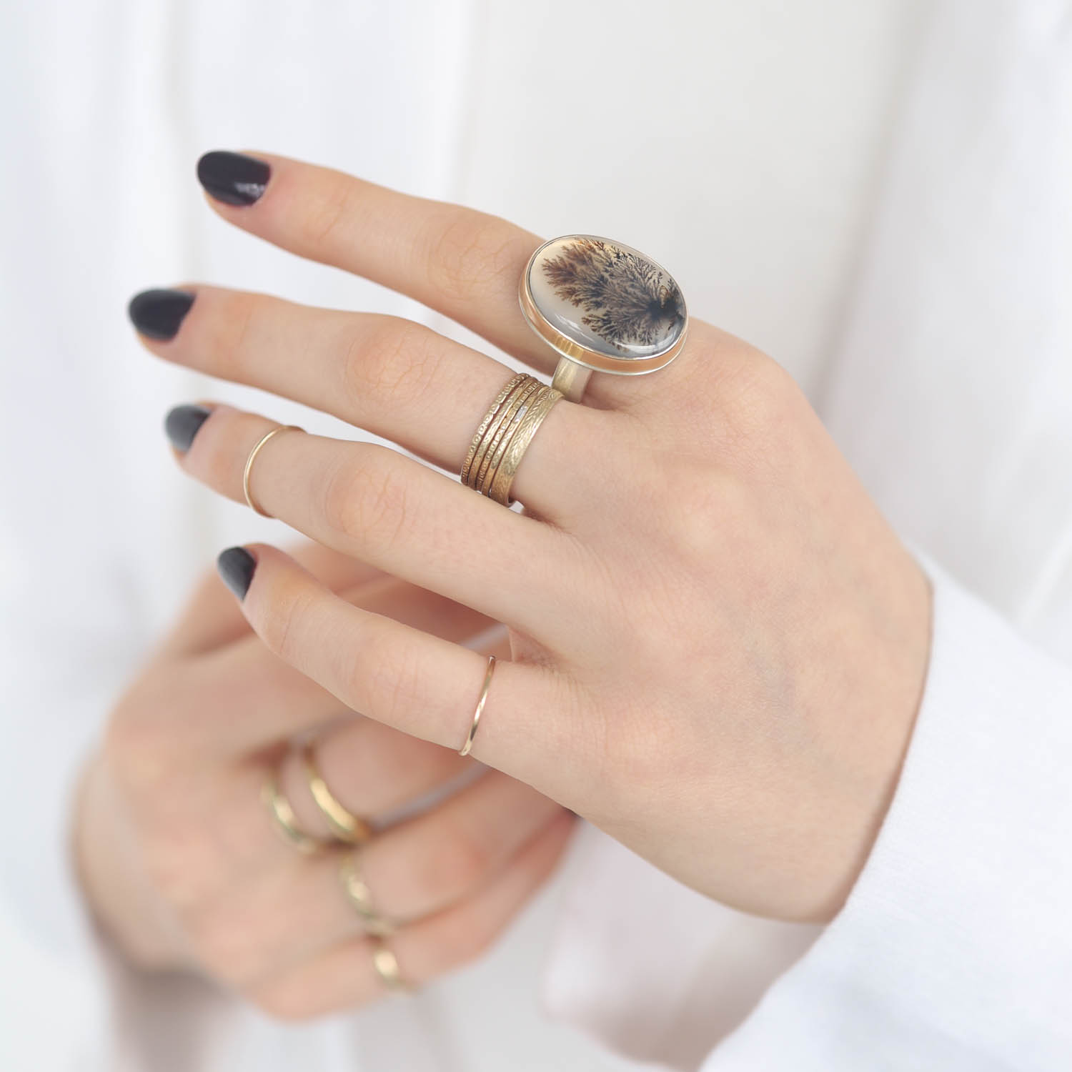 Jamie Joseph: Sterling & 14K Gold Ring w/ Vertical Oval DENDRITIC AGATE on Comfort Band, Stone Measures 15/16" x 11/16", Size 7 1/4