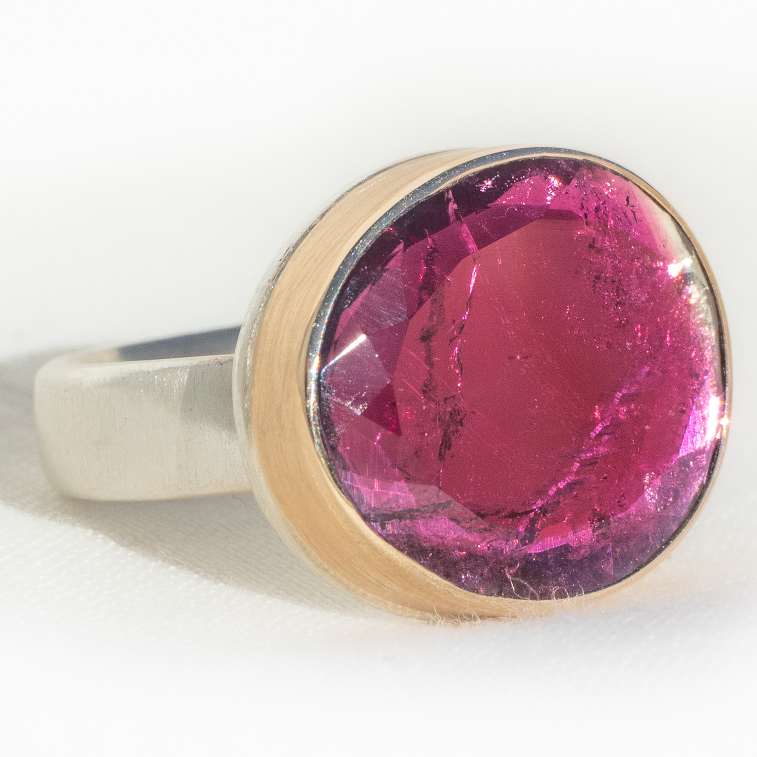 Jamie Joseph: Sterling & 14K Gold Ring w/ Asymmetrical Table Up PINK TOURMALINE on Comfort Band, Stone Measures 5/8" x 3/4", Size 7 1/4