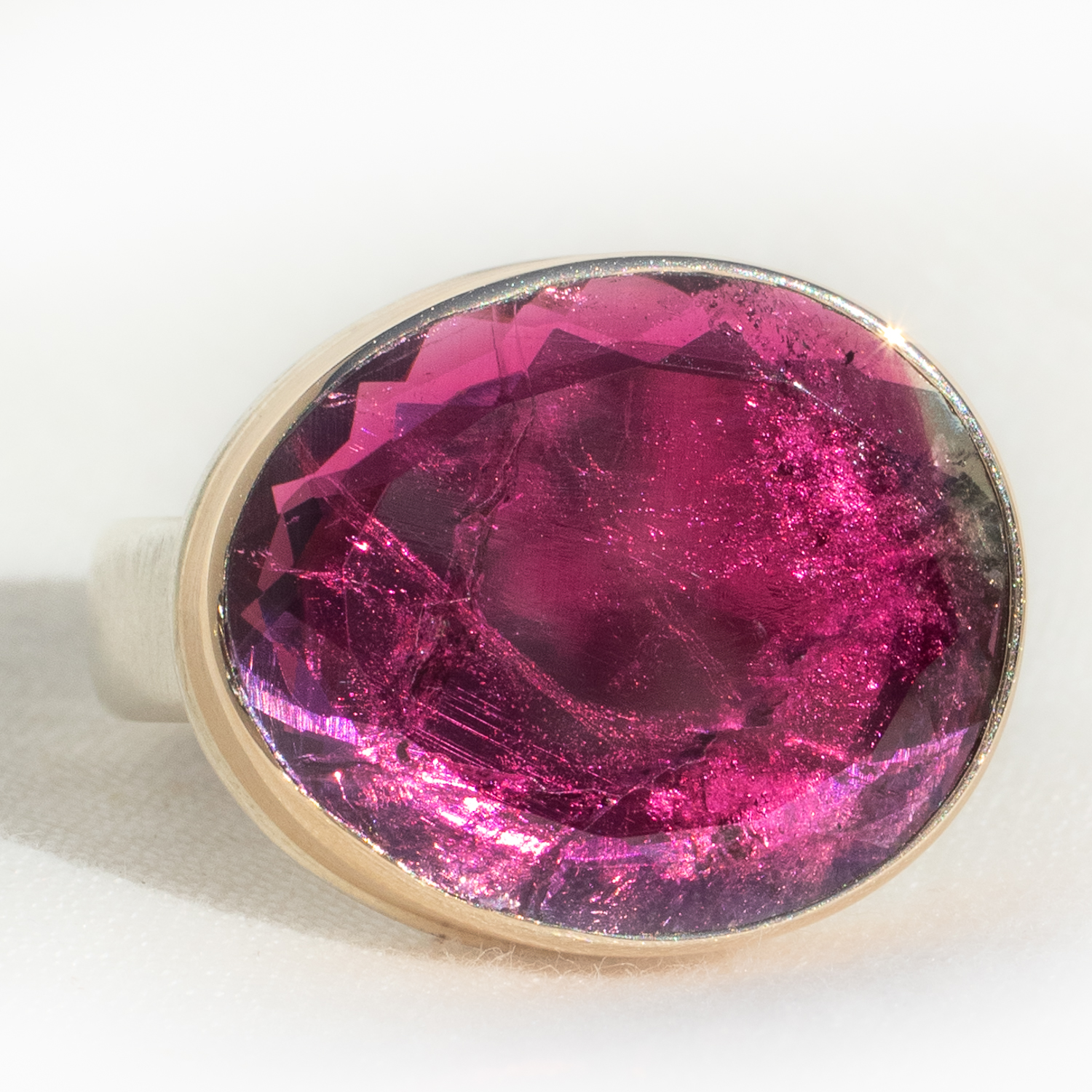 Jamie Joseph: Sterling & 14K Gold Ring w/ Asymmetrical Table Up PINK TOURMALINE on Comfort Band, Stone Measures 5/8" x 3/4", Size 7 1/4