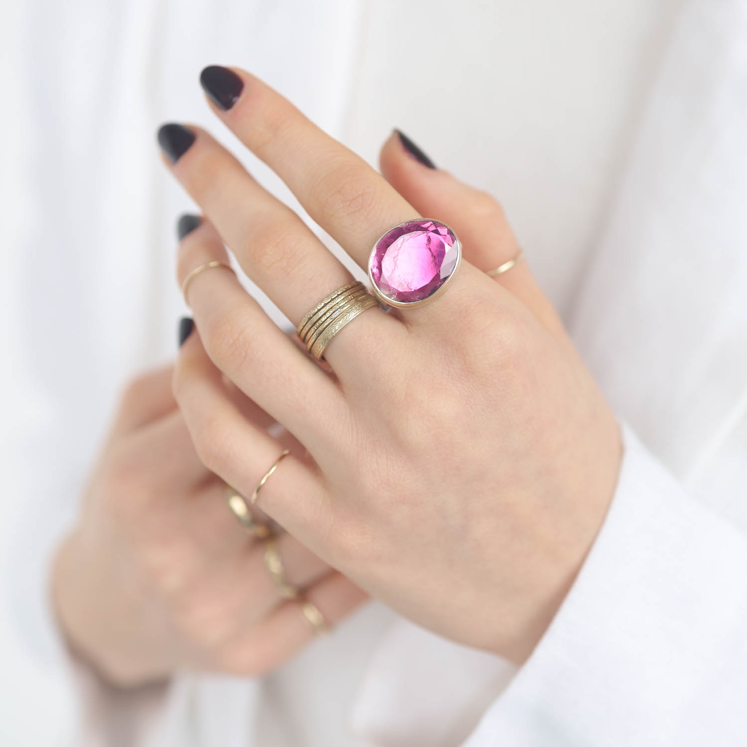 Jamie Joseph: Sterling & 14K Gold Ring w/ Asymmetrical Table Up PINK TOURMALINE on Comfort Band, Stone Measures 5/8" x 3/4", Size 7 1/4