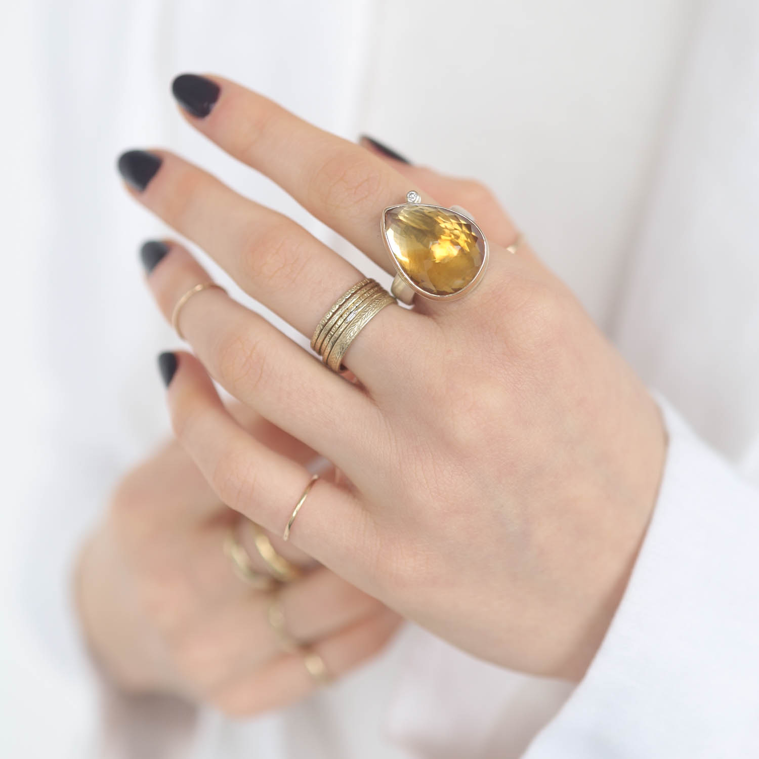 Jamie Joseph: Sterling & 14K Gold Ring w/ Vertical Teardrop Inverted CITRINE & .03 ct Satellite Diamond on Comfort Band, 13/16" x 5/8", size 7 3/4