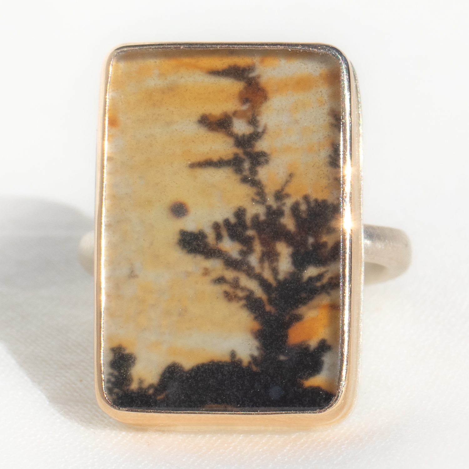 Jamie Joseph: SS & 14K Gold Ring, Vertical Rectangular Dendritic Agat, Egyptian Band Size 7