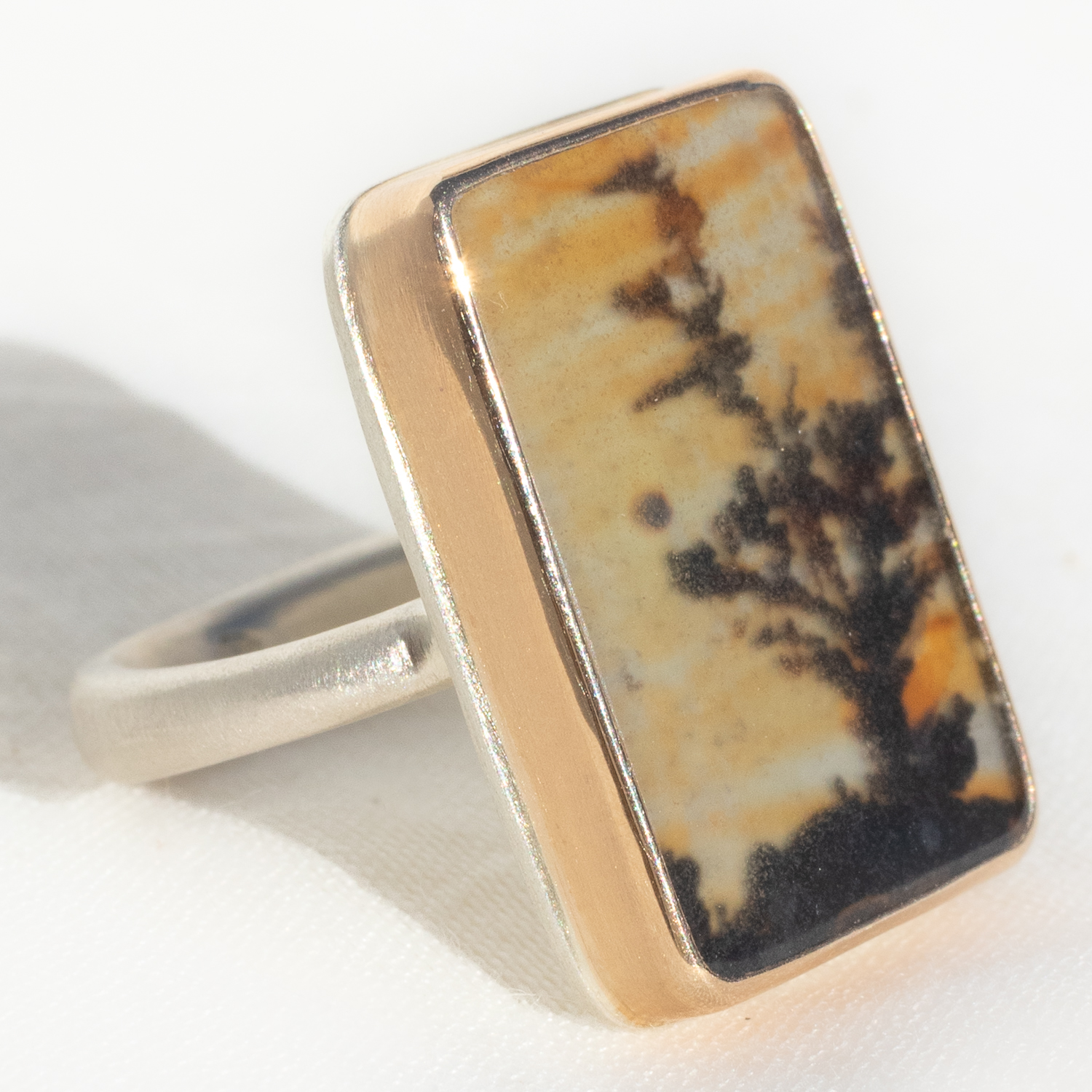 Jamie Joseph: SS & 14K Gold Ring, Vertical Rectangular Dendritic Agat, Egyptian Band Size 7