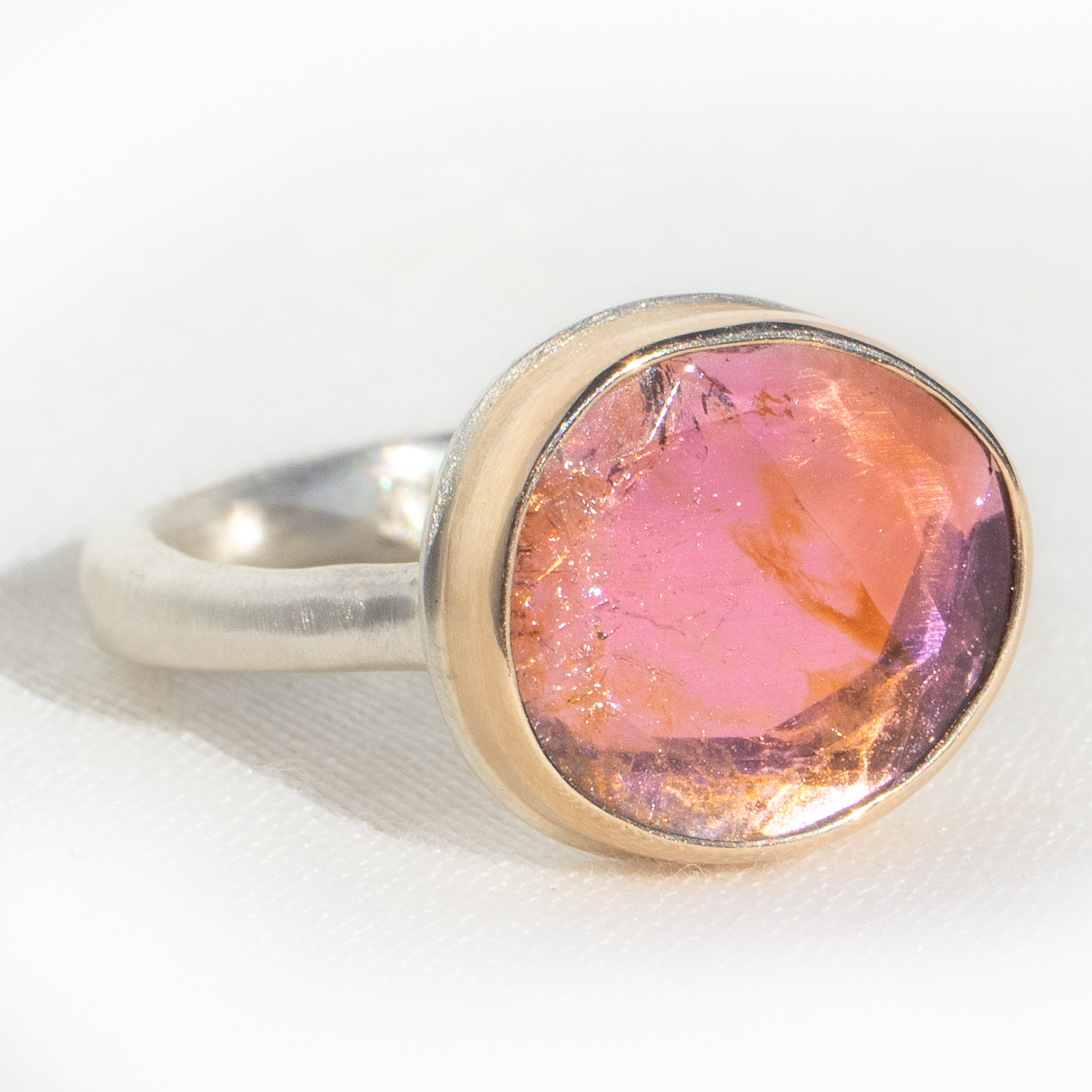 Jamie Joseph: SS & 14K Gold Ring w/ Small Asymmetrical Table up PINK TOURMALINE on Egyptian Band