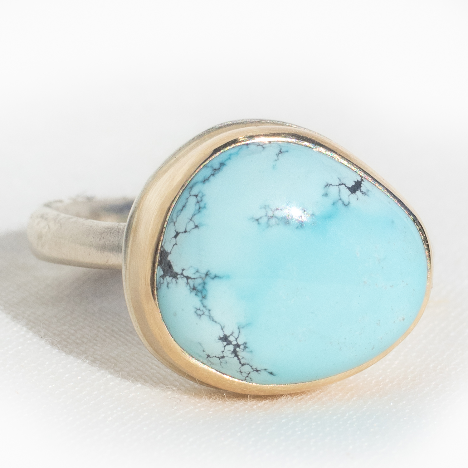 Jamie Joseph: Sterling & 14K Gold Ring w/ Small Asymmetrical BLUE MOON TURQUOISE on Egyptian Band