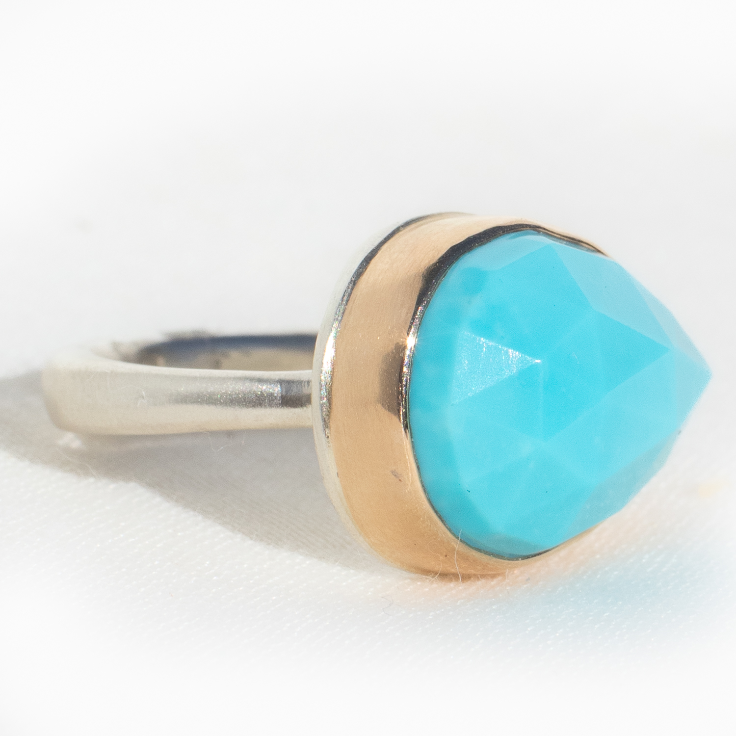 Jamie Joseph: Sterling & 14K Gold Ring w/ Teardrop Rose Cut SLEEPING BEAUTY TURQUOISE on Egyptian Band, Size 7 1/4, 1/2" x 11/16"