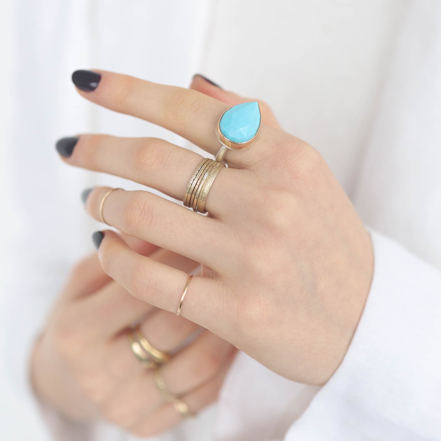 Jamie Joseph: Sterling & 14K Gold Ring w/ Teardrop Rose Cut SLEEPING BEAUTY TURQUOISE on Egyptian Band, Size 7 1/4, 1/2" x 11/16"