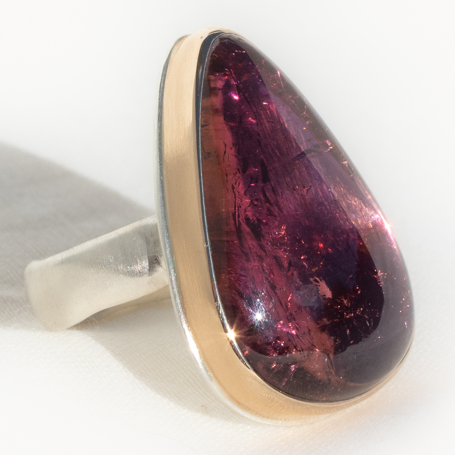 Jamie Joseph: SS & 14K Gold Ring w/ Large Vertical Teardrop Smooth PINK TOURMALINE on Groovy Band