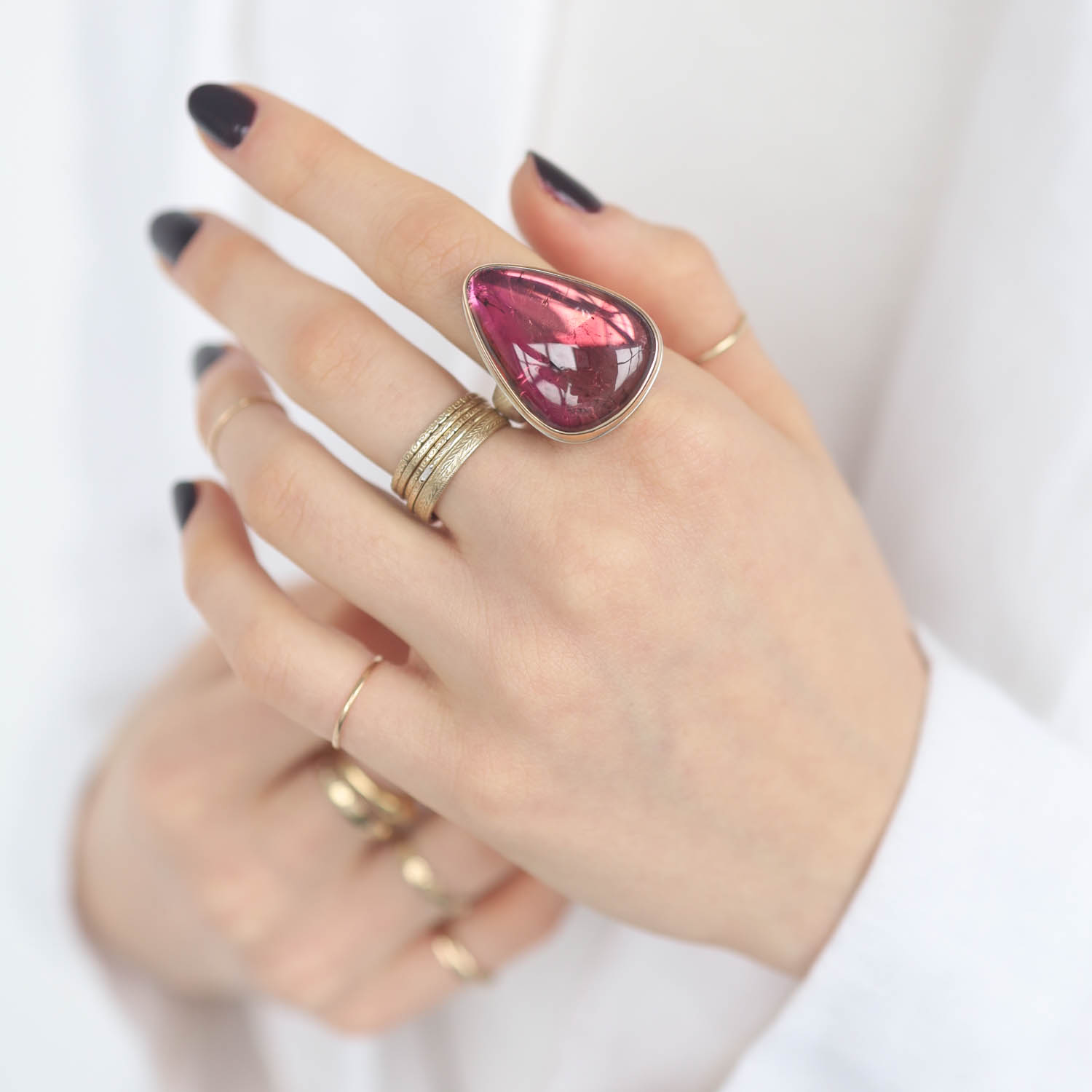 Jamie Joseph: SS & 14K Gold Ring w/ Large Vertical Teardrop Smooth PINK TOURMALINE on Groovy Band