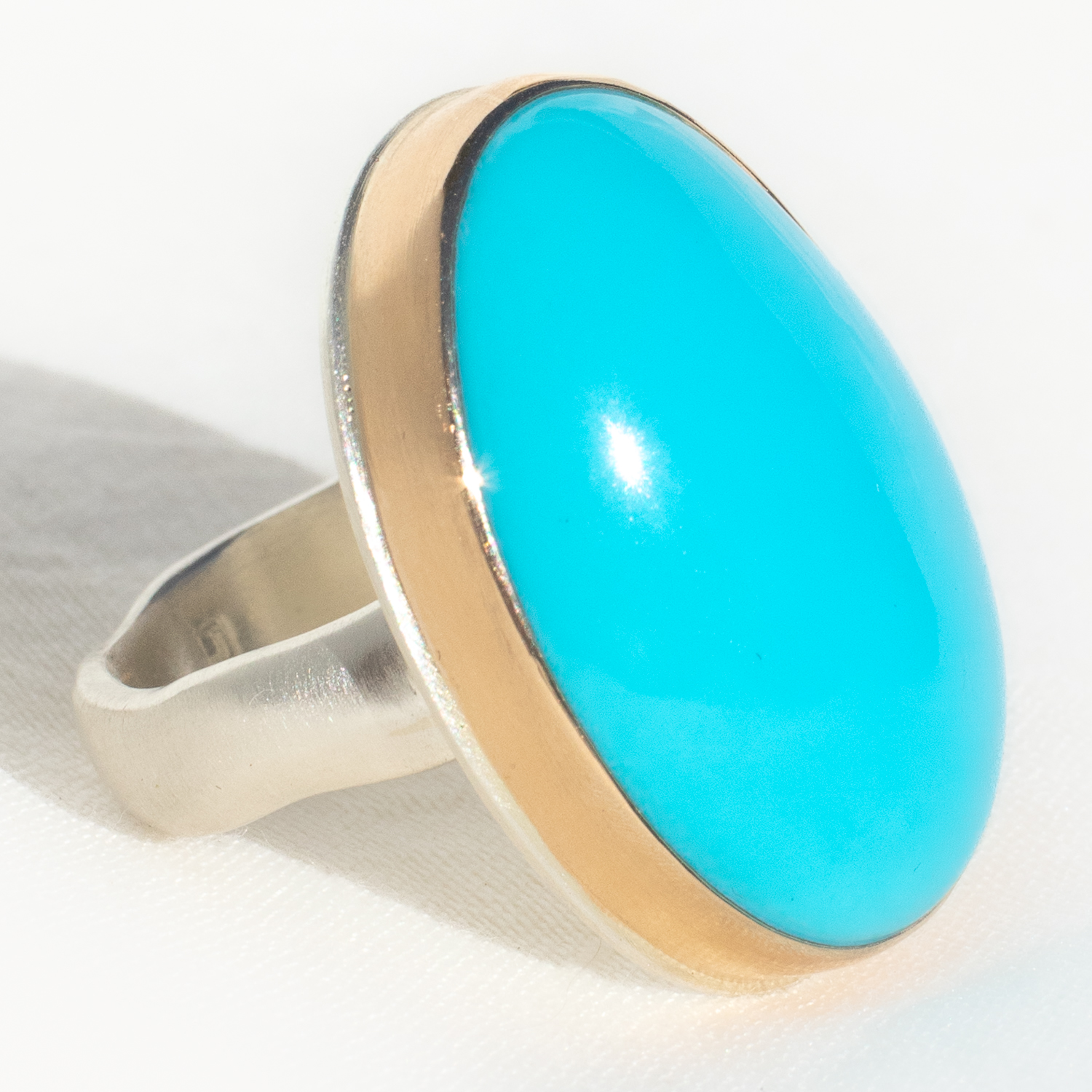 Jamie Joseph: SS & 14K Gold Ring w/ Large Vertical Oval Smooth SLEEPING BEAUTY TURQUOISE on Groovy Band