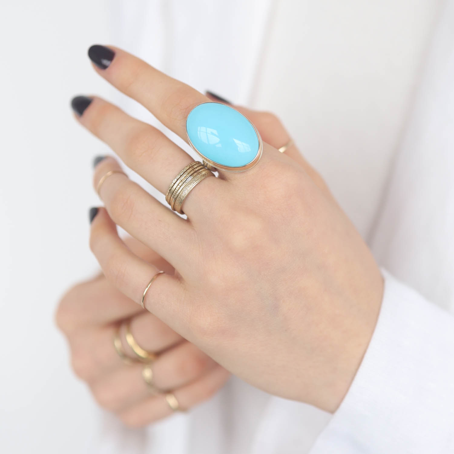 Jamie Joseph: SS & 14K Gold Ring w/ Large Vertical Oval Smooth SLEEPING BEAUTY TURQUOISE on Groovy Band