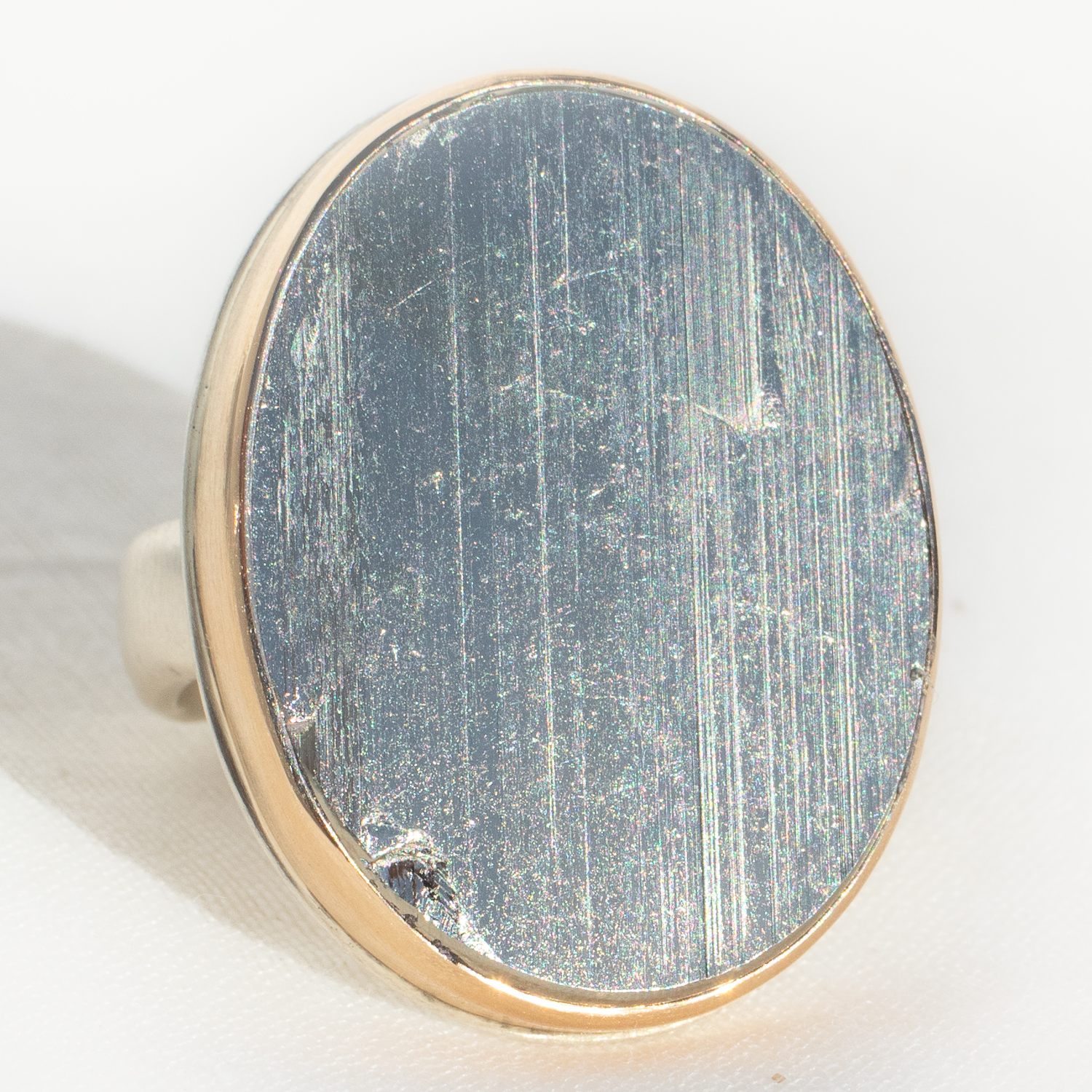 Jamie Joseph: SS & 14K Gold Ring w/ Large Vertical Oval Surface Cut PYRITE on Groovy Band