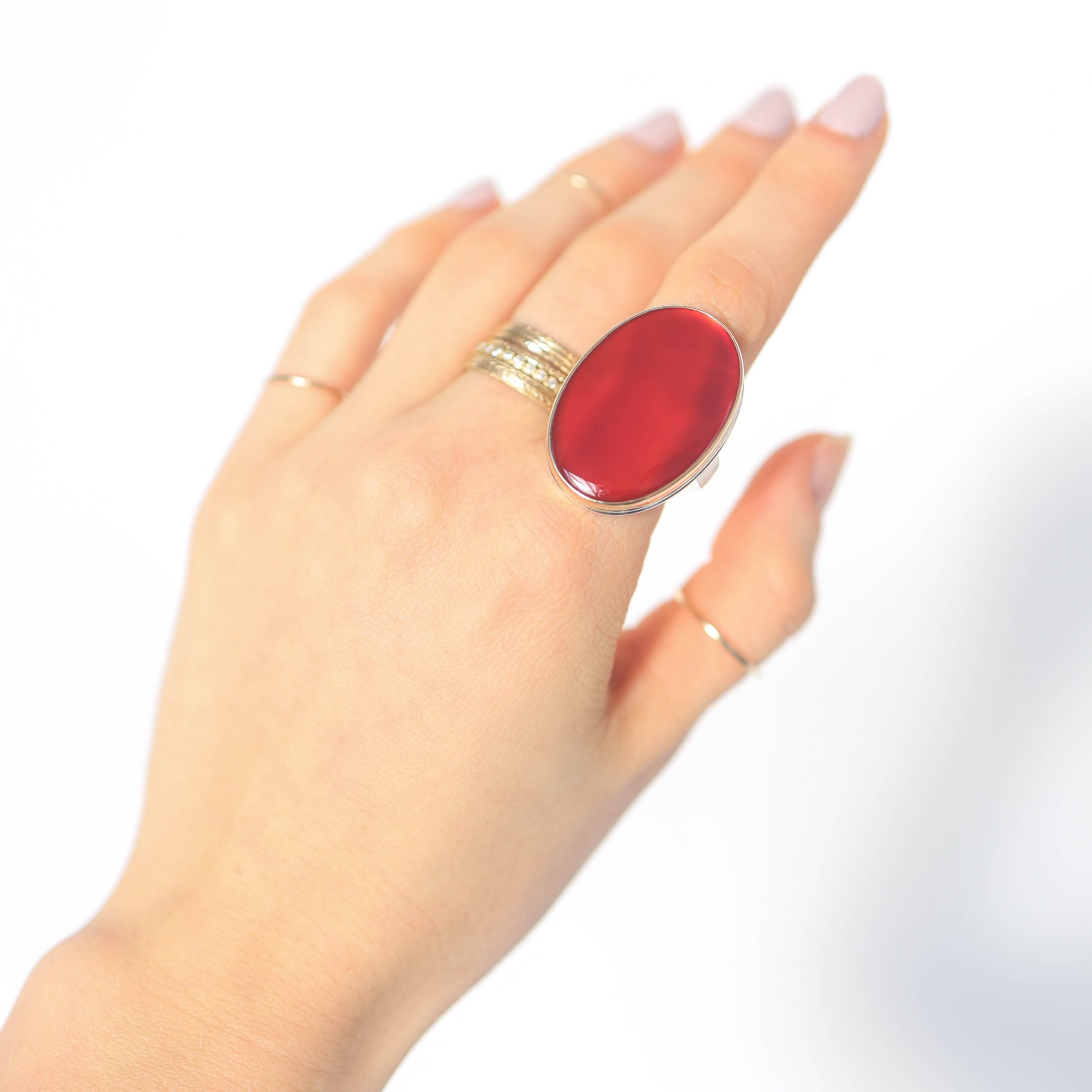 Jamie Joseph: Sterling & 14K Gold Ring w/ Large Vertical Oval Smooth CARNELIAN on Live Edge Band, Size 8 1/2, 1 3/16" x 3/16"
