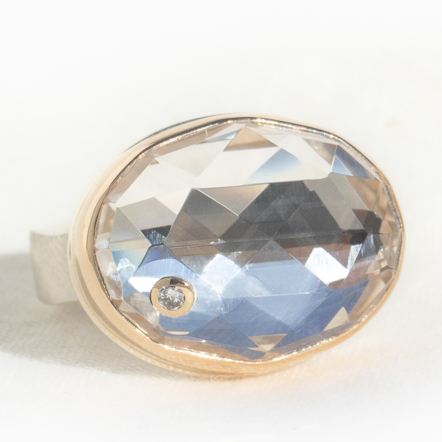 Jamie Joseph: Sterling & 14K Gold Ring w/ Oval Rose Cut ROCK CRYSTAL & .03 ct Diamond on Live Edge Band, Stone measures 9/16" x 3/4", Size 7 1/4
