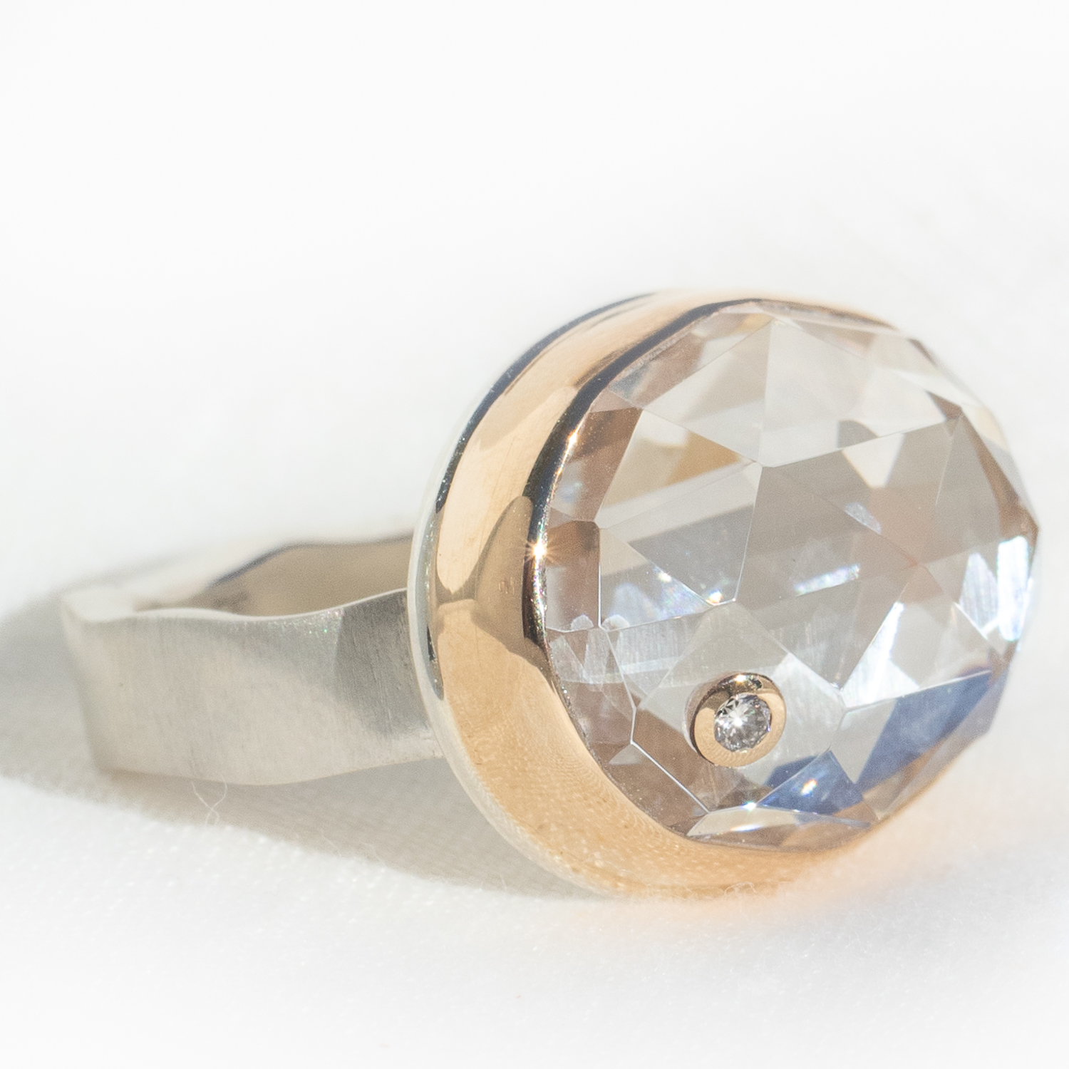 Jamie Joseph: Sterling & 14K Gold Ring w/ Oval Rose Cut ROCK CRYSTAL & .03 ct Diamond on Live Edge Band, Stone measures 9/16" x 3/4", Size 7 1/4