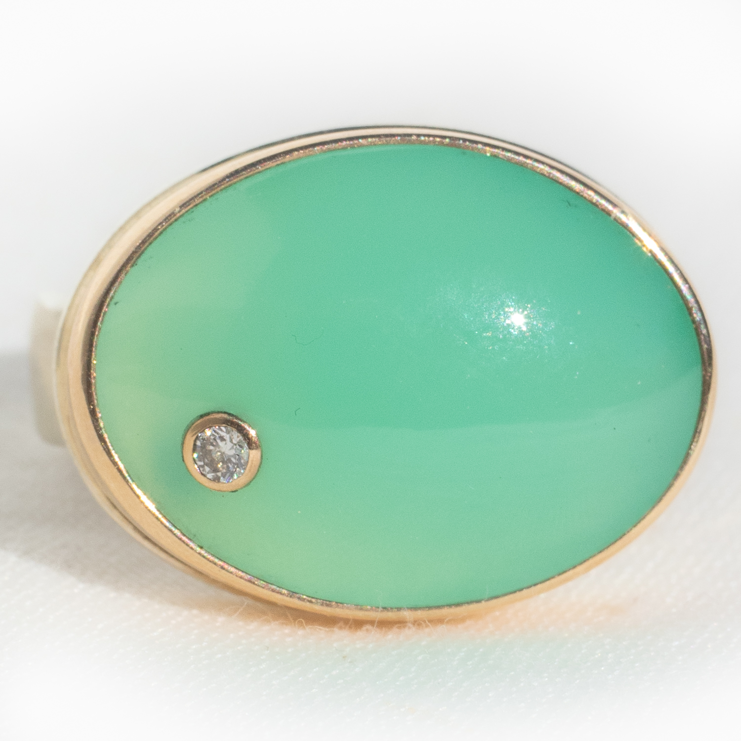 Jamie Joseph : Sterling & 14K Gold Ring w/ Smooth Oval CHRYSOPRASE & .03 ct Diamond on Live Edge Band,size 7