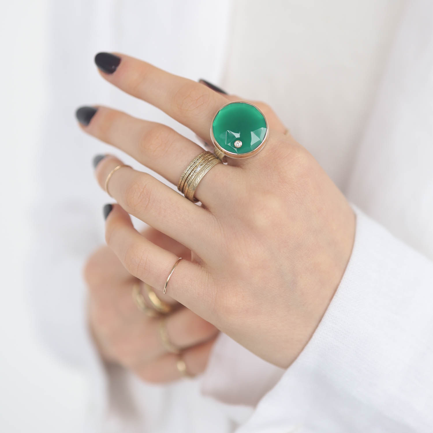 Jamie Joseph: Sterling & 14K Gold Ring w/ Round Rose Cut GREEN ONYX & .03 ct Diamond on Live Edge Band, Size 7 1/2, 3/4" in Diameter