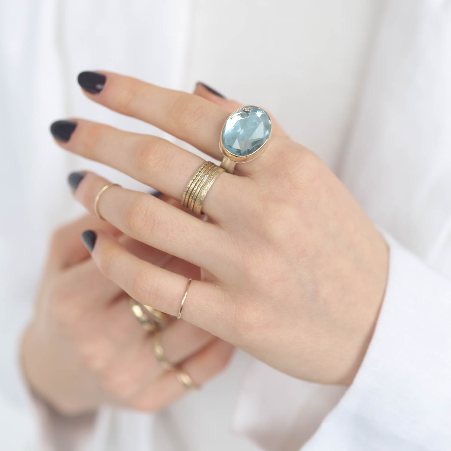 Jamie Joseph:Sterling & 14K Gold Ring w/ Oval Rose Cut SKY BLUE TOPAZ & .03 ct Diamond on Wide Eroded Live Edge Band, Stone Measures 9/16" x 3/4", Size 8